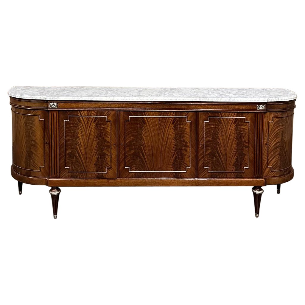 Grand French Louis XVI Flame Mahogany Buffet with Carrara Marble For Sale