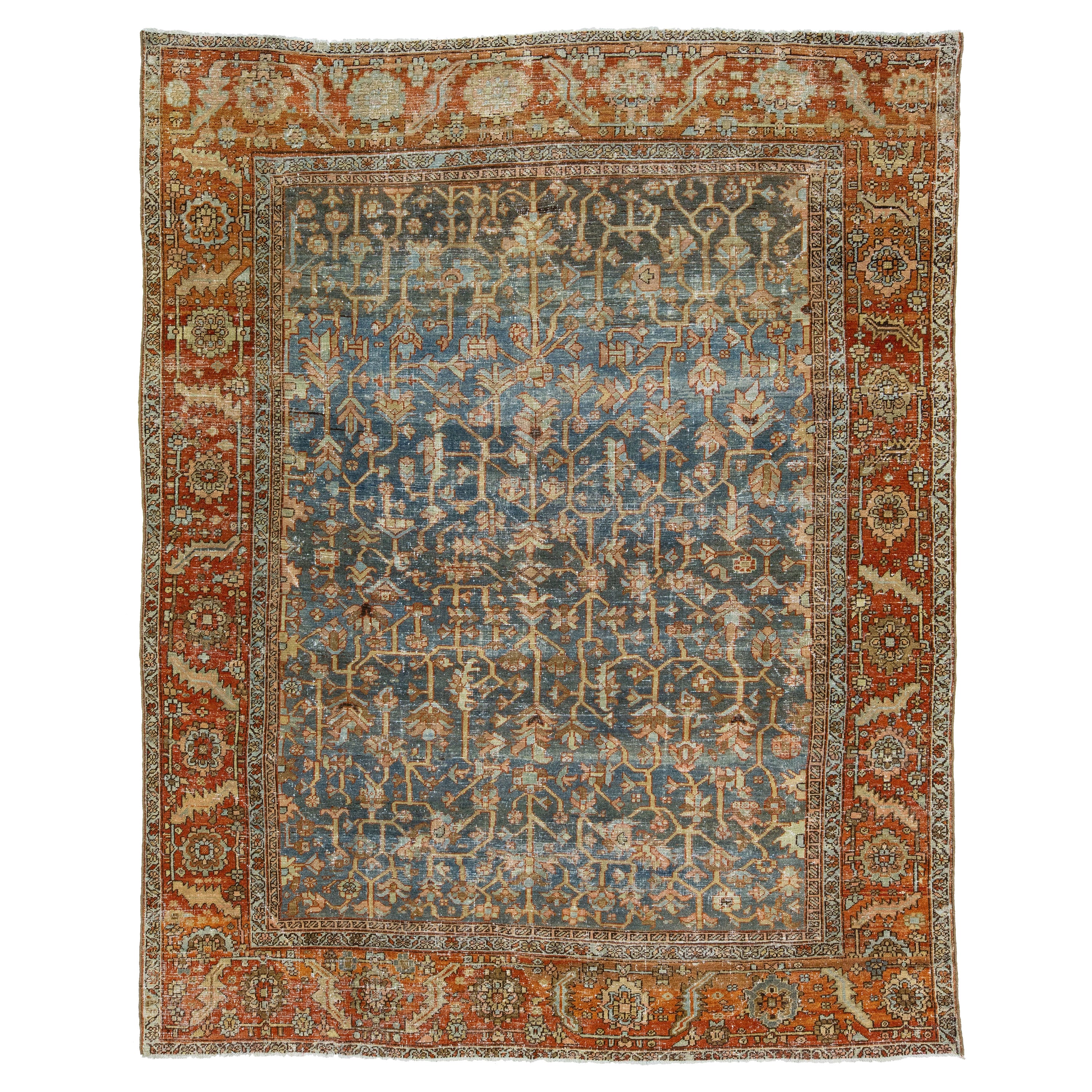 Allover Antique Persian Heriz Wool Rug Featuring In Blue From The 1910s For Sale