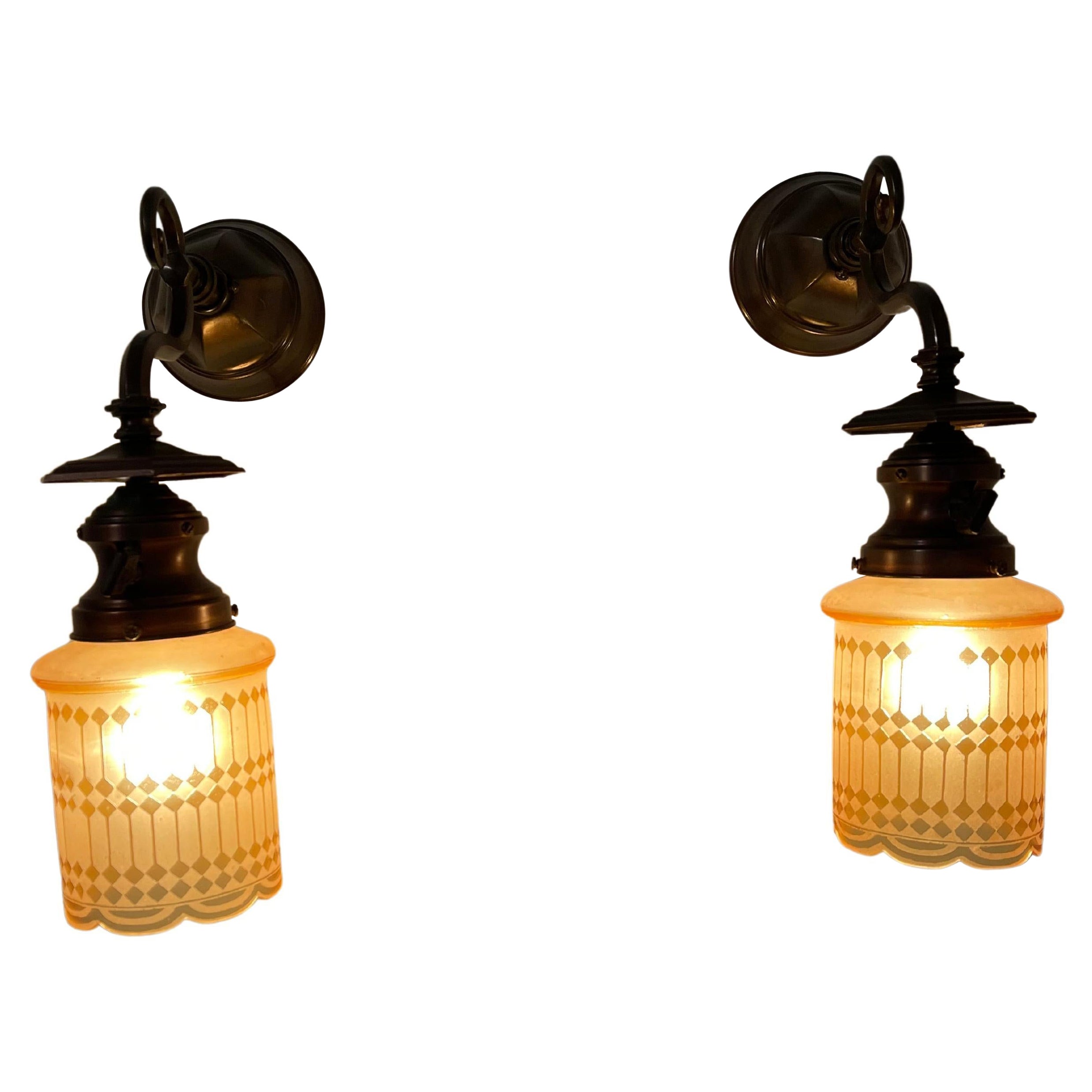 Pair of Arts & Crafts Sconces w/Unusual Glass Shades, All Original, ca.1910