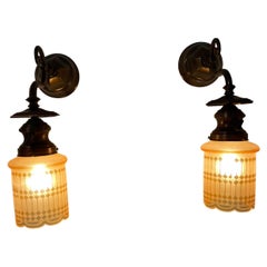 Antique Pair of Arts & Crafts Sconces w/Unusual Glass Shades, All Original, ca.1910