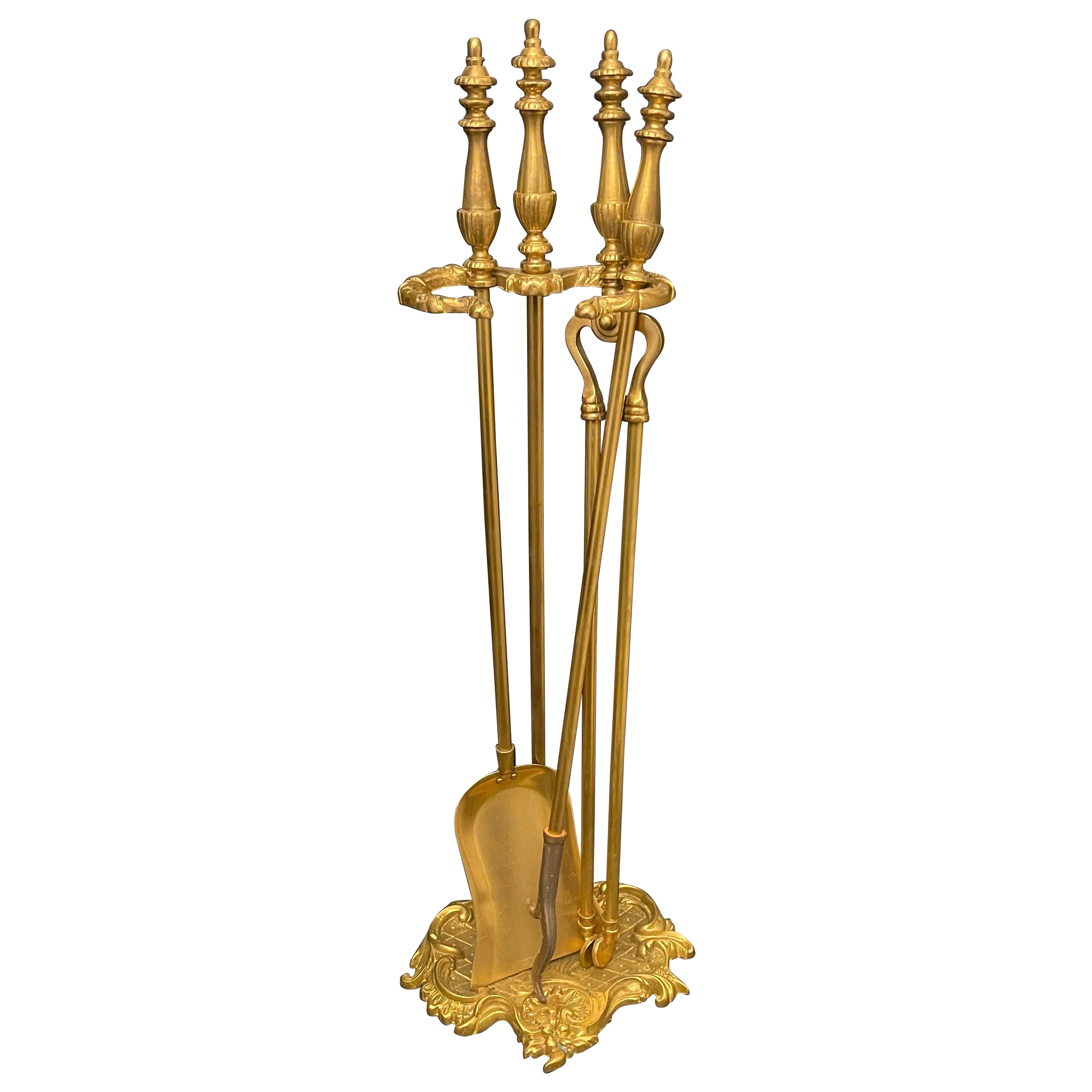 Wonderful French Gilt Dore Bronze Fireplace Tools Set On Stand Holder For Sale