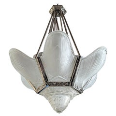 French Art Deco Pendant Chandelier Signed by Hanots
