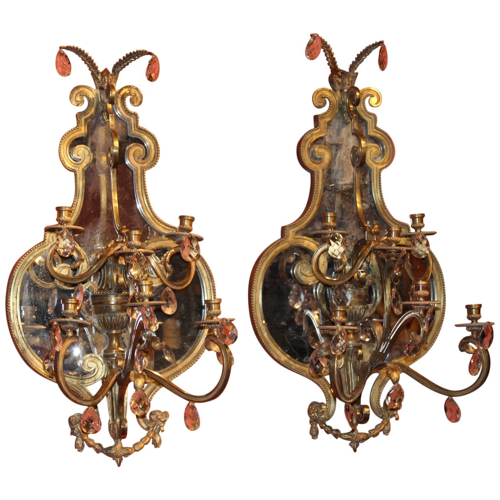 Pair of Gilt Bronze Mirrored Sconces, Probably, Italian For Sale