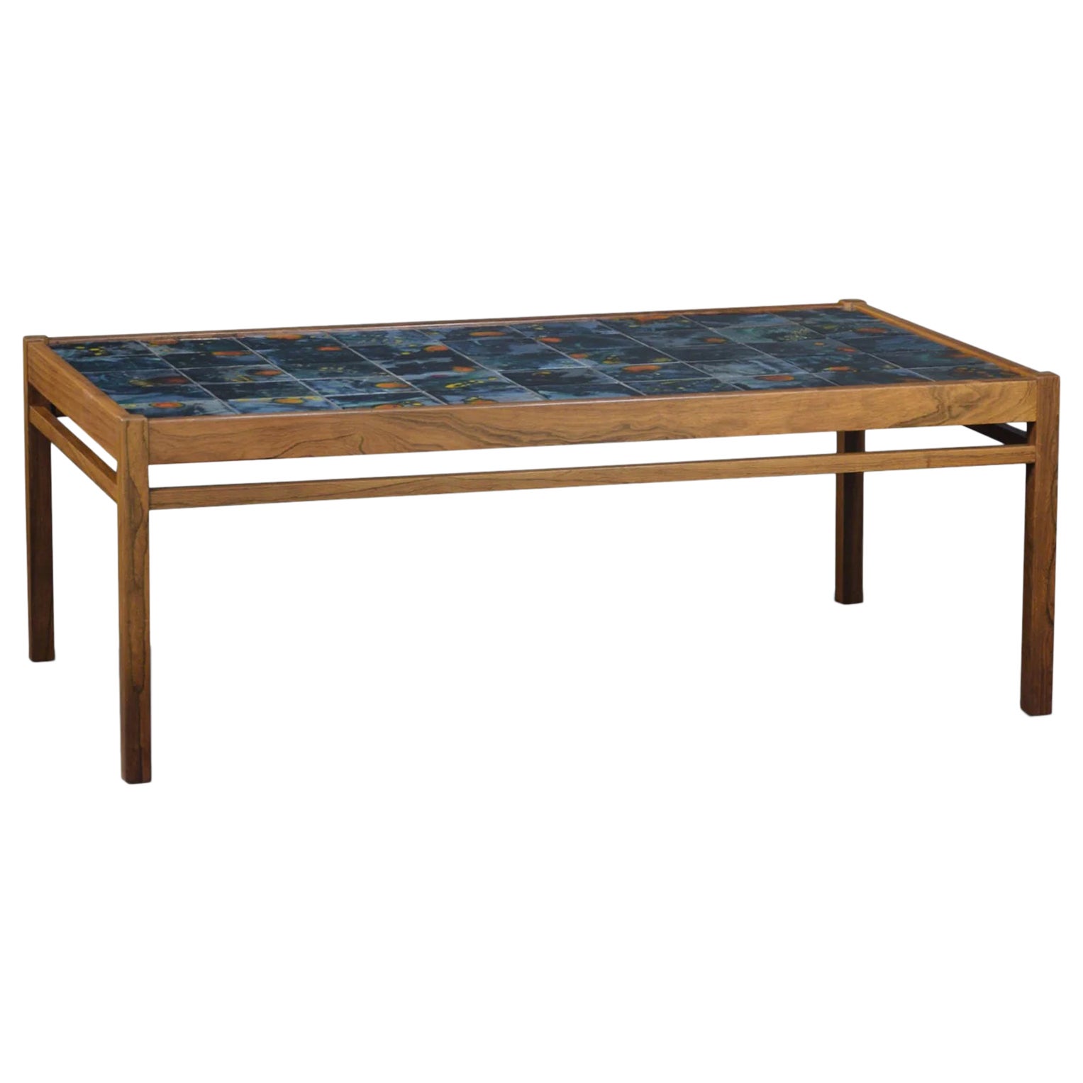 1960s rosewood + ceramic tile coffee table For Sale