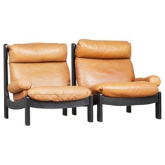 Pair of modular brutalist 1970s lounge chairs in black lacquered oak + leather