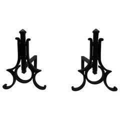 Vintage Pair of Modernist Wrought Iron Andirons
