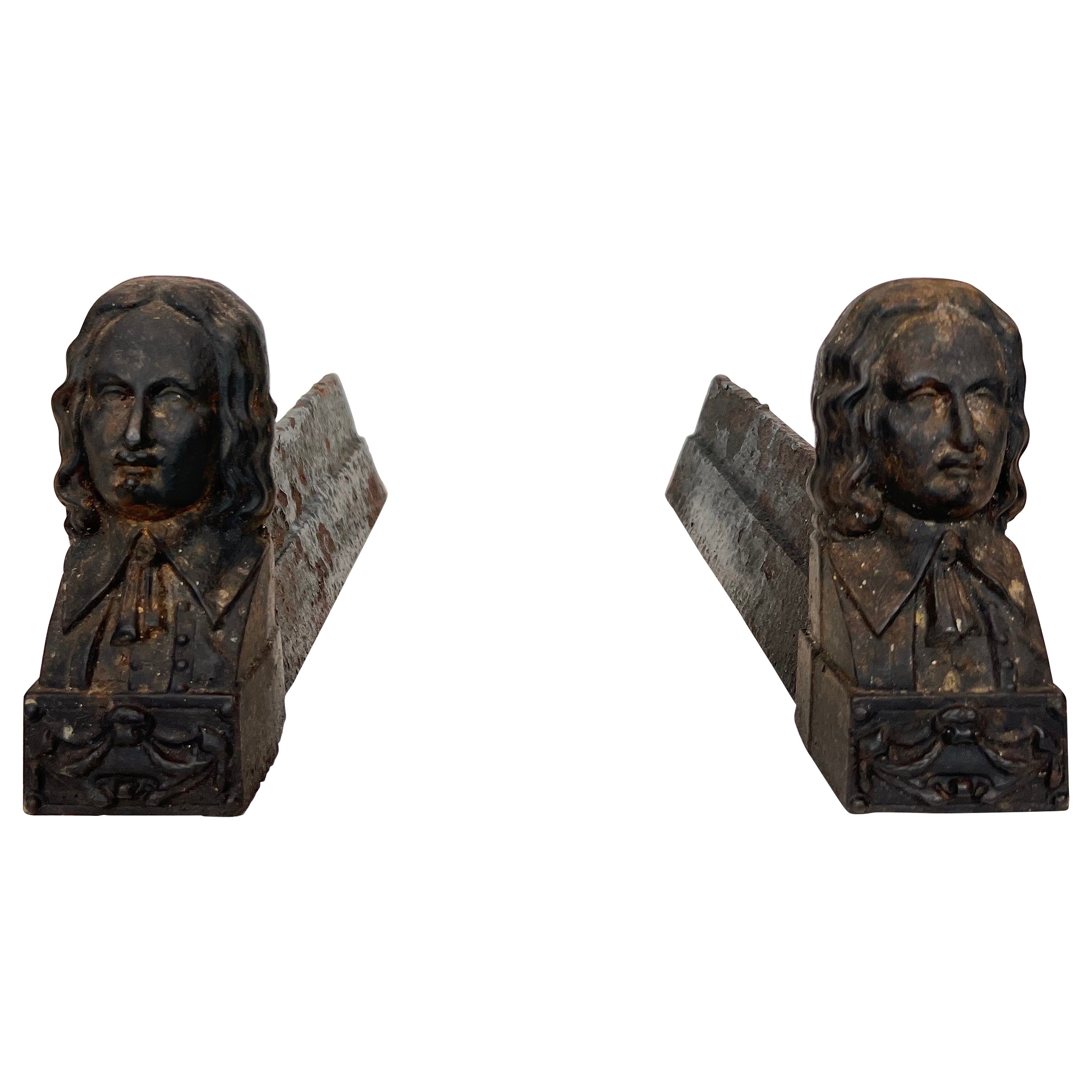 Pair of Cast Iron Andirons representing Beethoven For Sale