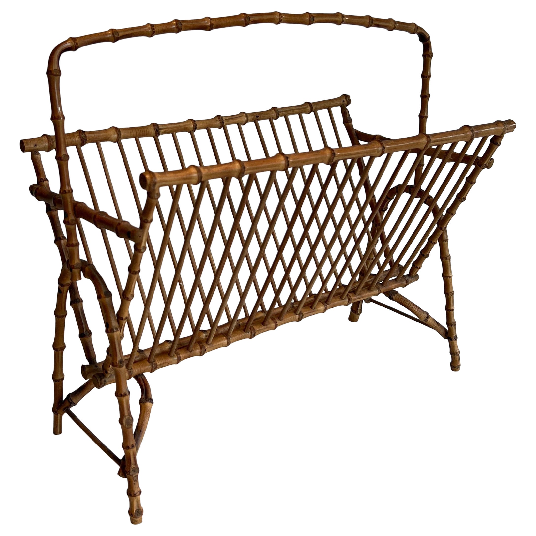 Faux-Bamboo Rattan Magazine Rack For Sale