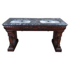 Rare Antique English Victorian Mahogany & Marble Double Vanity Bathroom Sink 60"