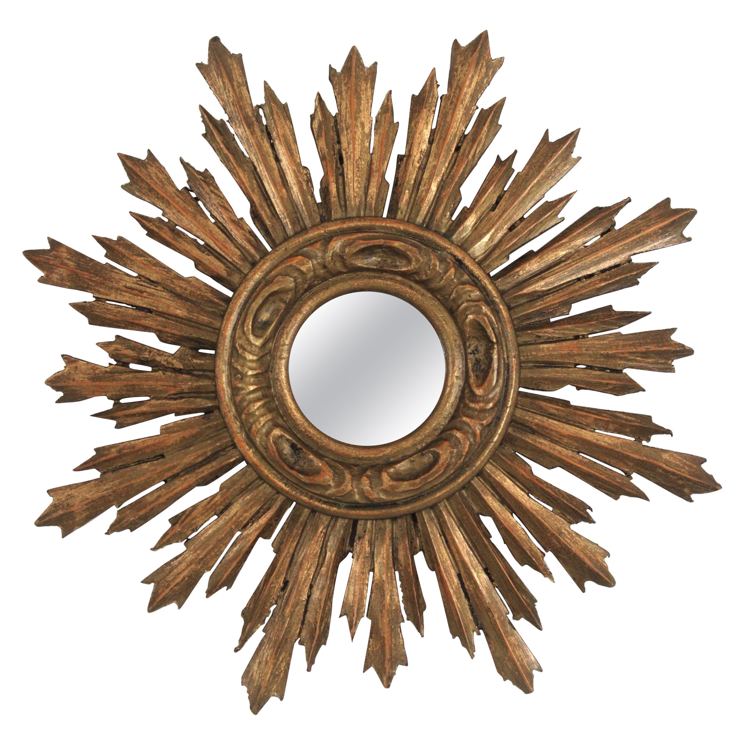 Sunburst Giltwood Mirror in Small Scale, Spanish Baroque  For Sale