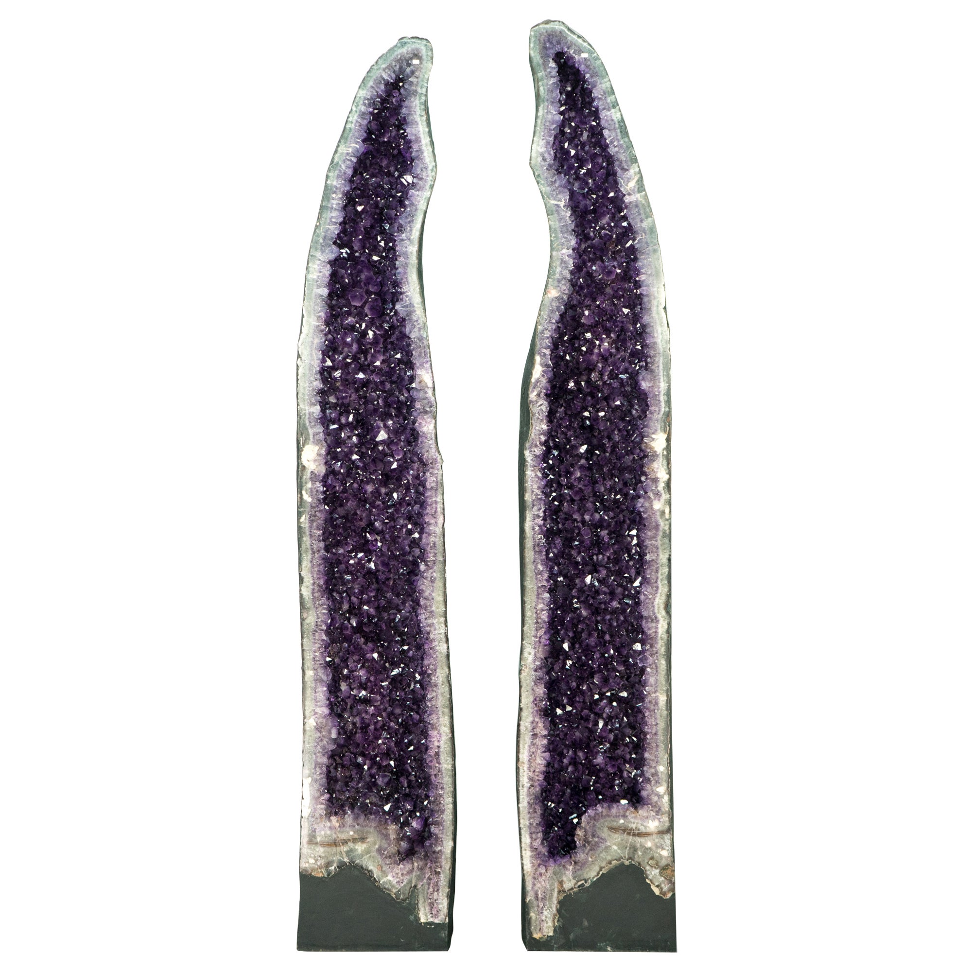 Pair of 8 Ft Tall Giant High-Grade Deep Purple Amethyst Cathedral Geodes For Sale