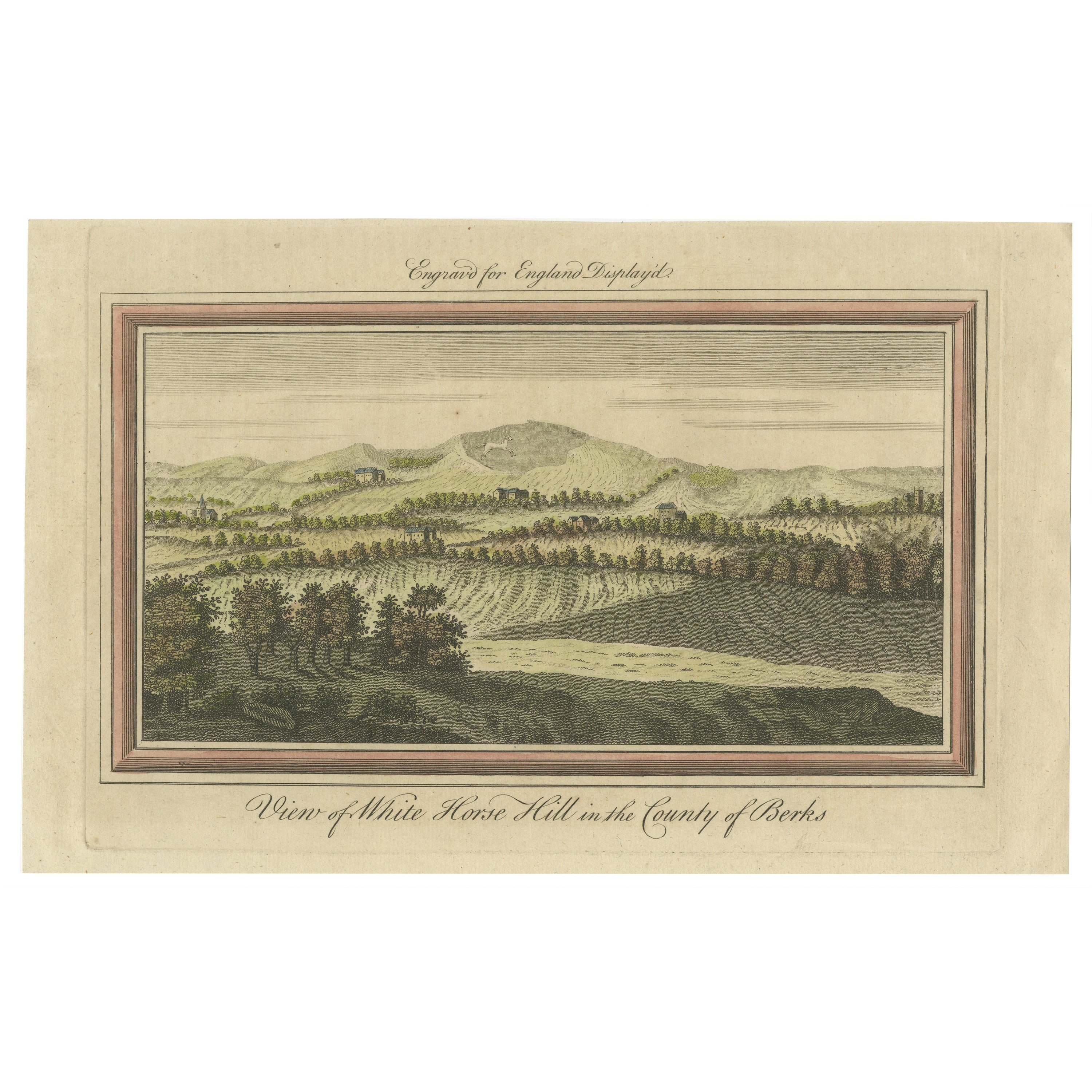 Old Engraving of White Horse Hill in the County of Berkshire, England, c1800 For Sale