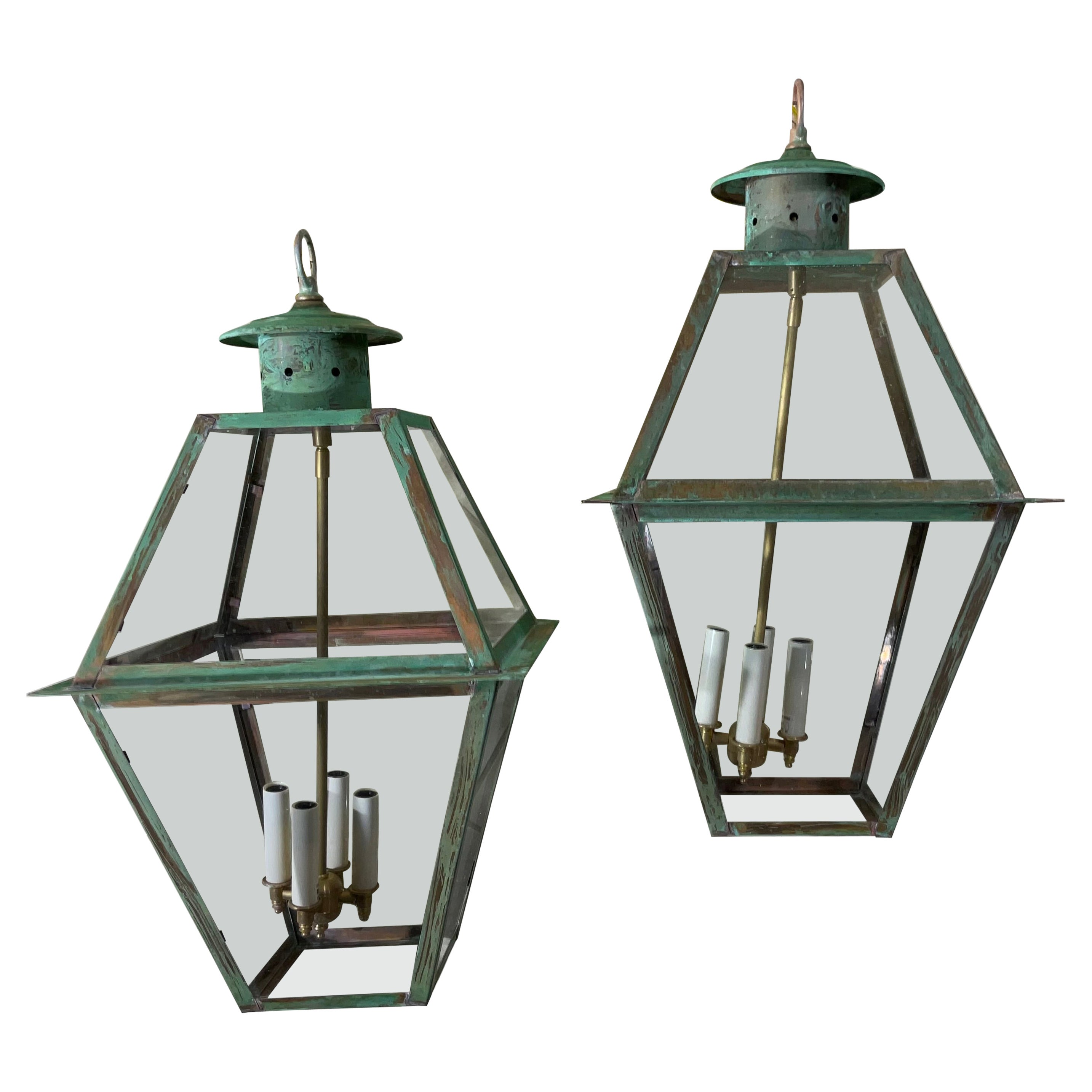 Pair Of Large Square Handcrafted Hanging Lanterns For Sale