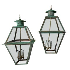 Used Pair Of Large Square Handcrafted Hanging Lanterns