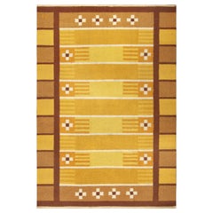 Midcentury Swedish Yellow Brown Handwoven Wool Rug