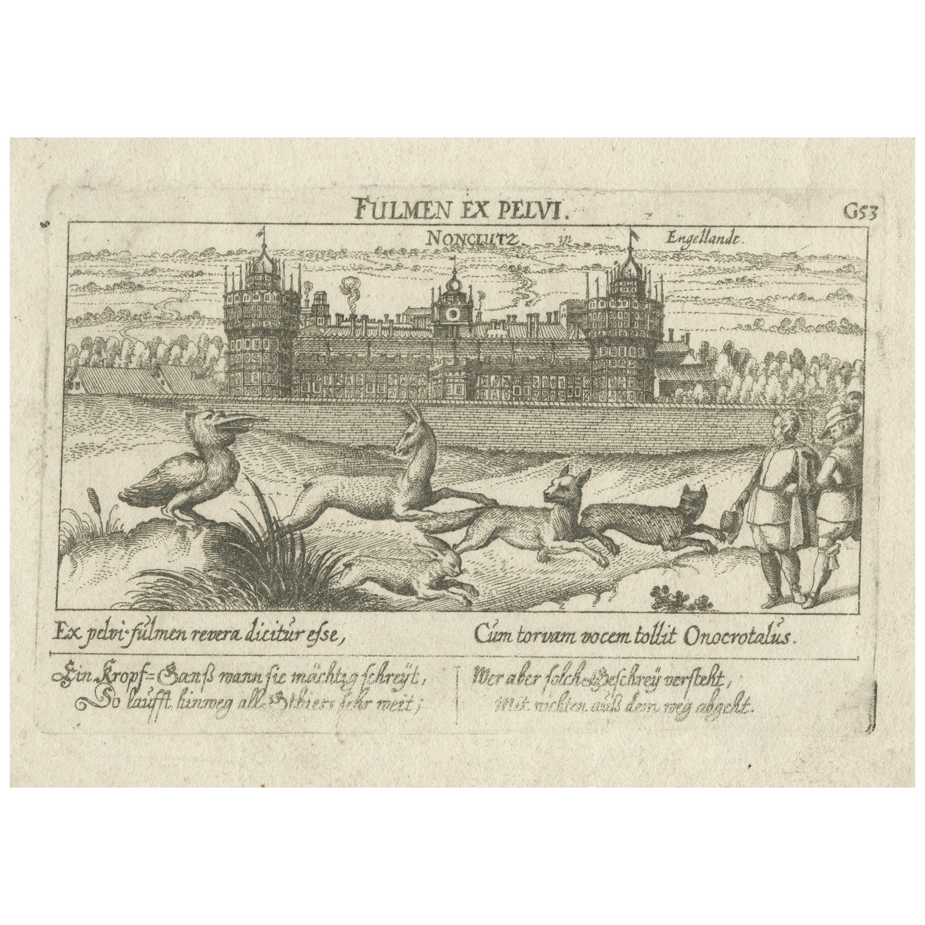 Gravur des Palastes von Henry VIII. und Jagdszene mit Windhunden, 1626 im Angebot