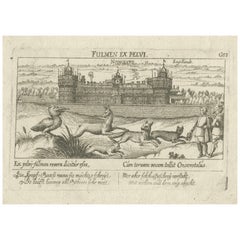 Antique Engraving of the Palace of Henry VIII and Hunting Scene with Greyhounds, 1626