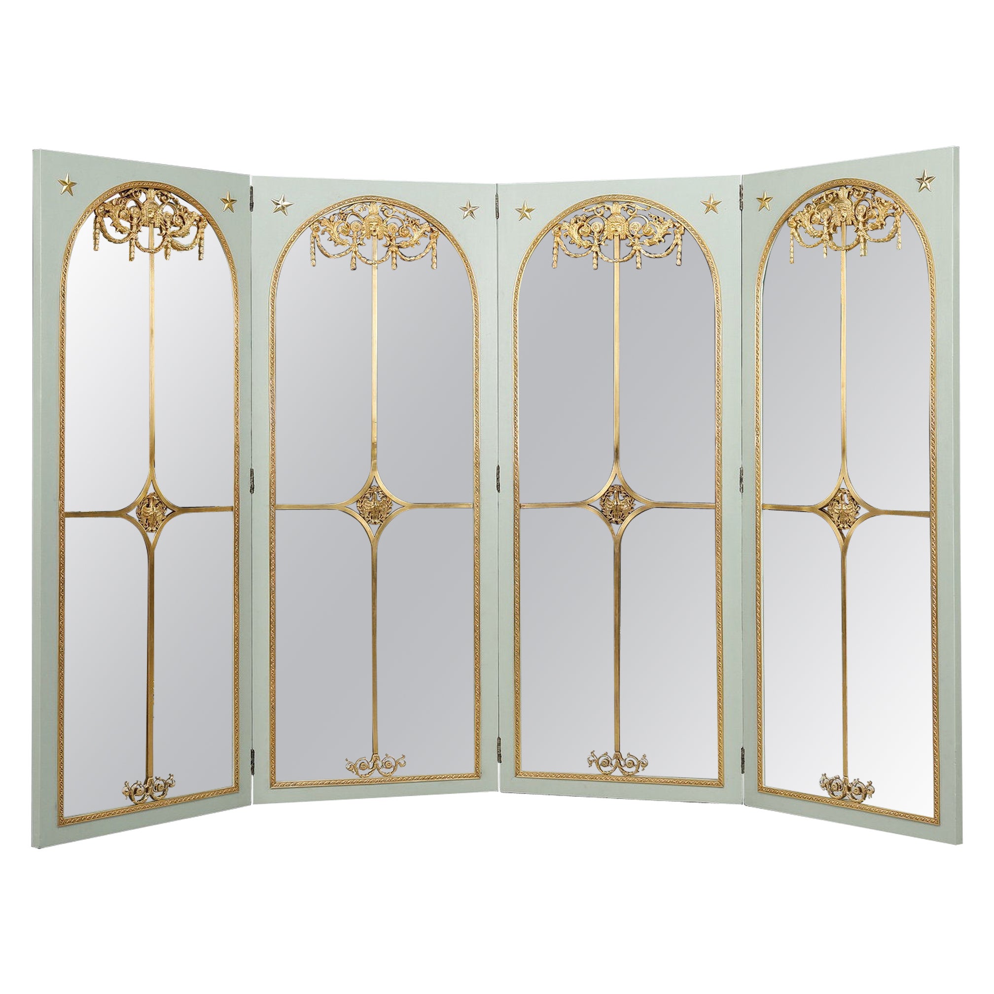 Paravent de pièce avec miroirs sur chaque panneau en bois laqué et bronze doré en vente