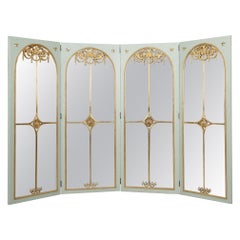 Screen room divider with mirrors on each panel in lacquered wood and gilt bronze