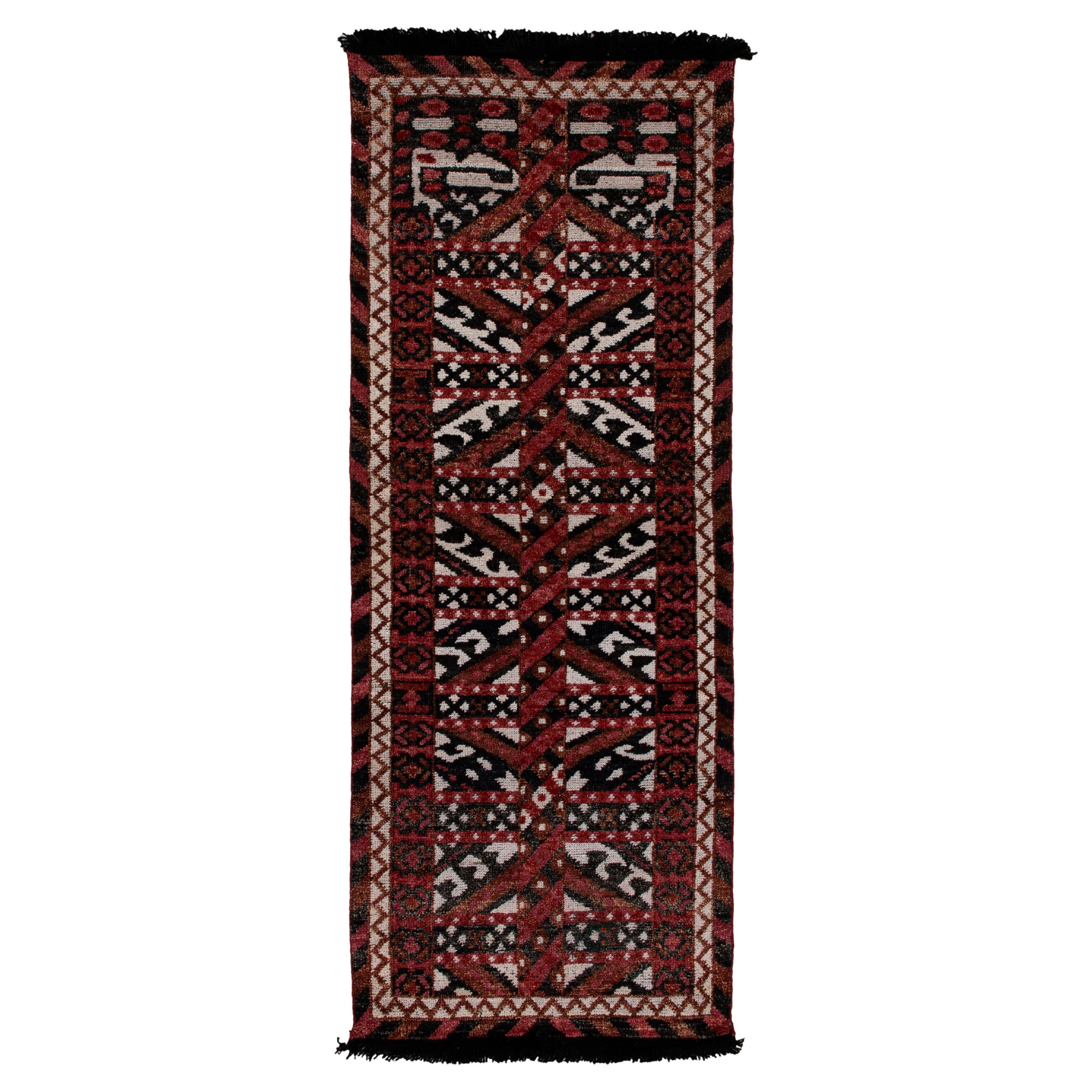 Rug & Kilim's Tribal Style Runner in Red, Black and White Geometric Pattern For Sale