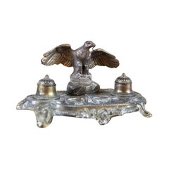 Antique Pre-War Metal Inkwell with Bird Figurine