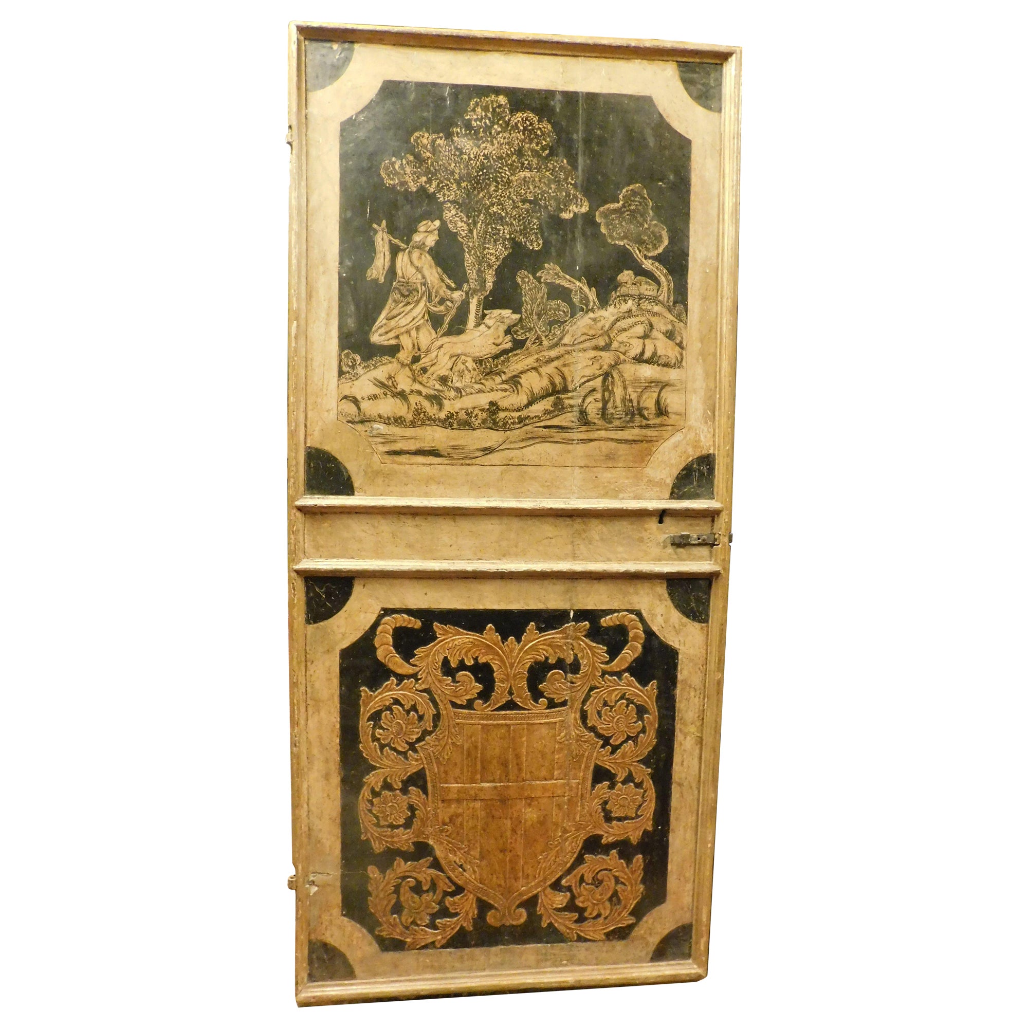 n.2 reich verzierte Türen, Wappen im Relief, gewölbte Landschaft, Österreich