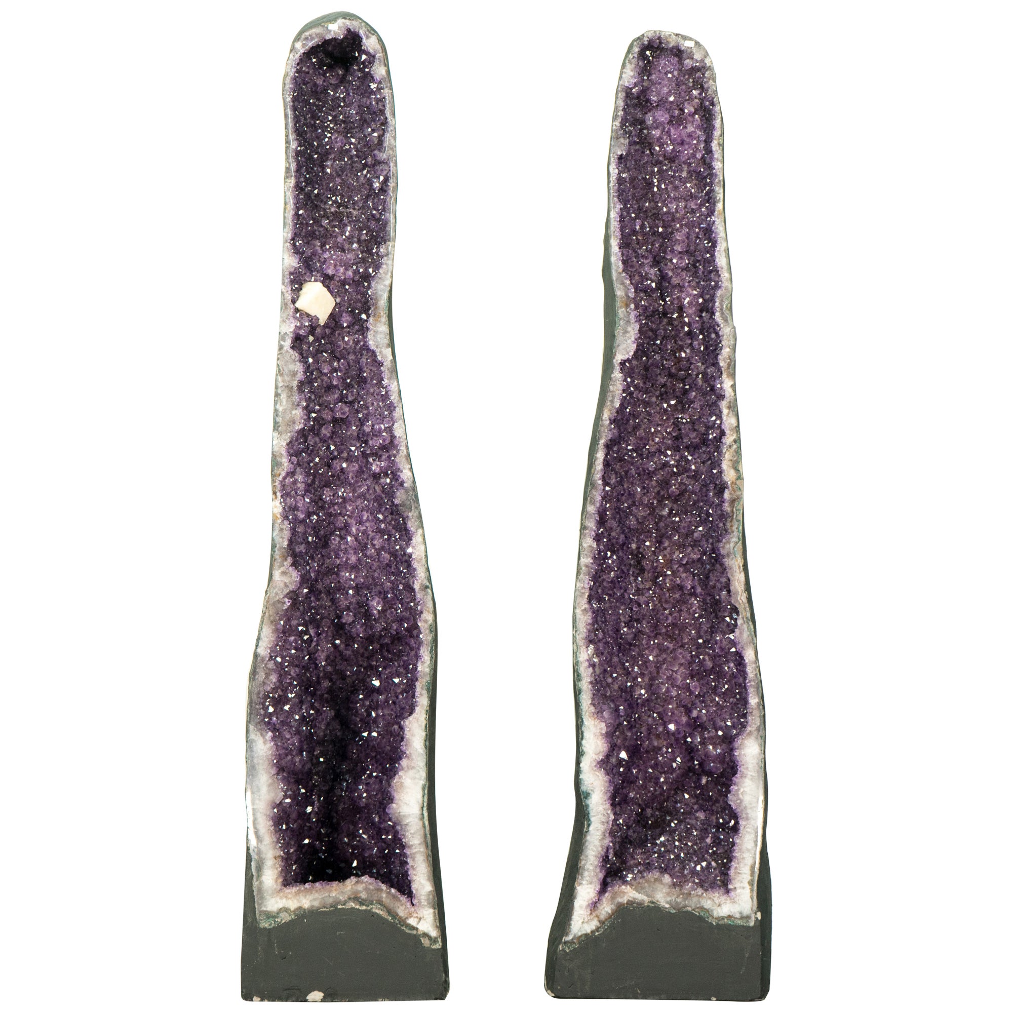 Pair of X-Tall 5.5 Ft Amethyst Cathedral Geodes with Shiny Lavender Purple Druzy For Sale