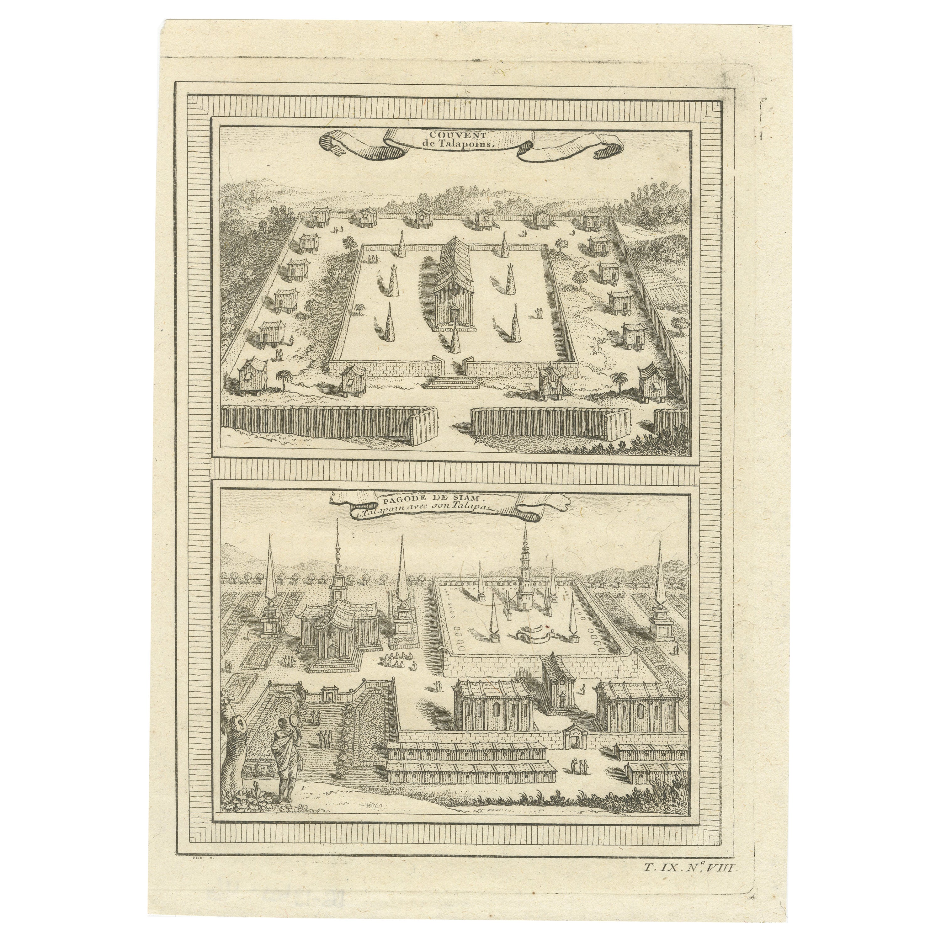 Engraving of Thai Buddhist Temple and Monastery in Ayutthaya, Siam, 1751 For Sale