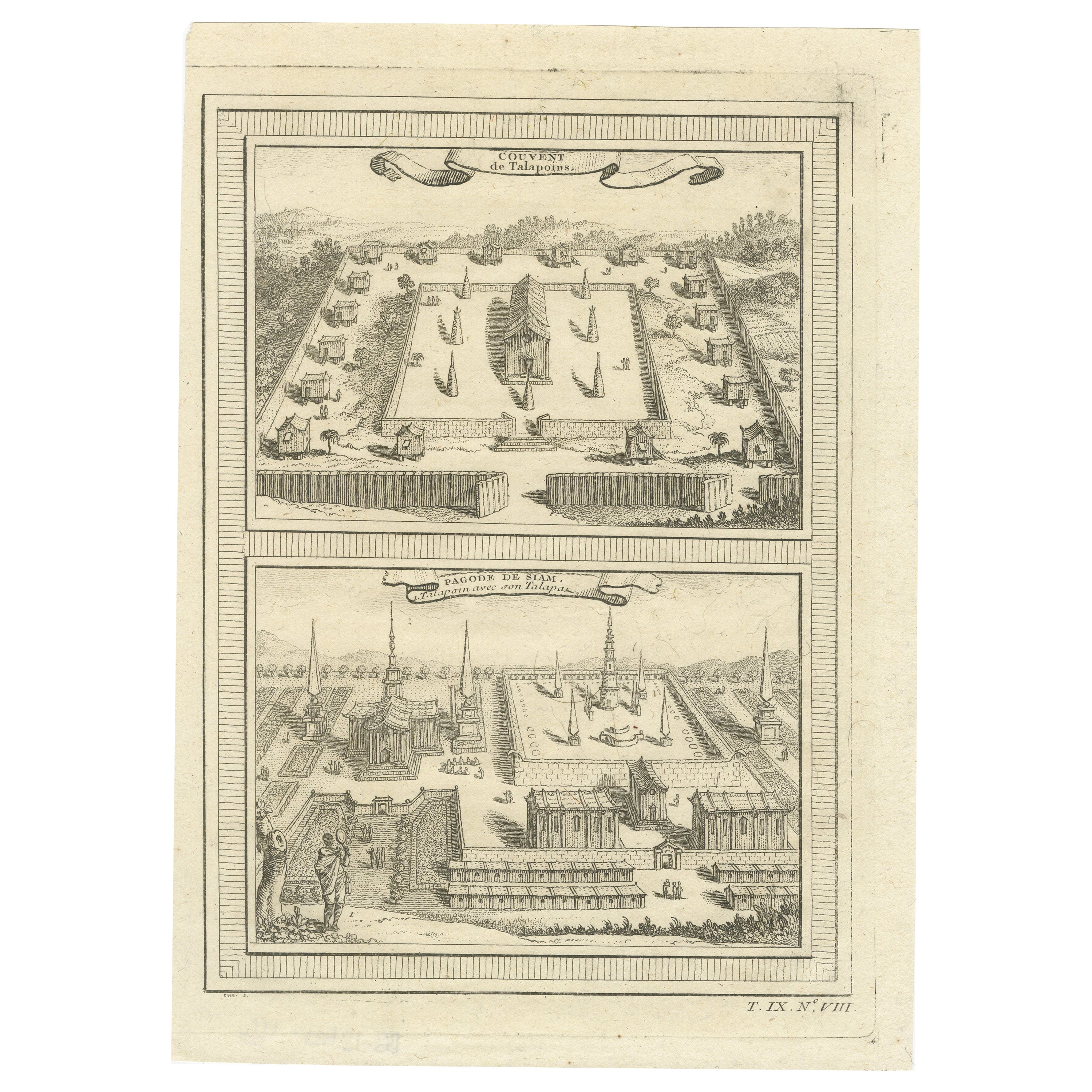  Gravure de temple et de monastère bouddhiste thaïlandaise à Ayutthaya, Siam, 1751