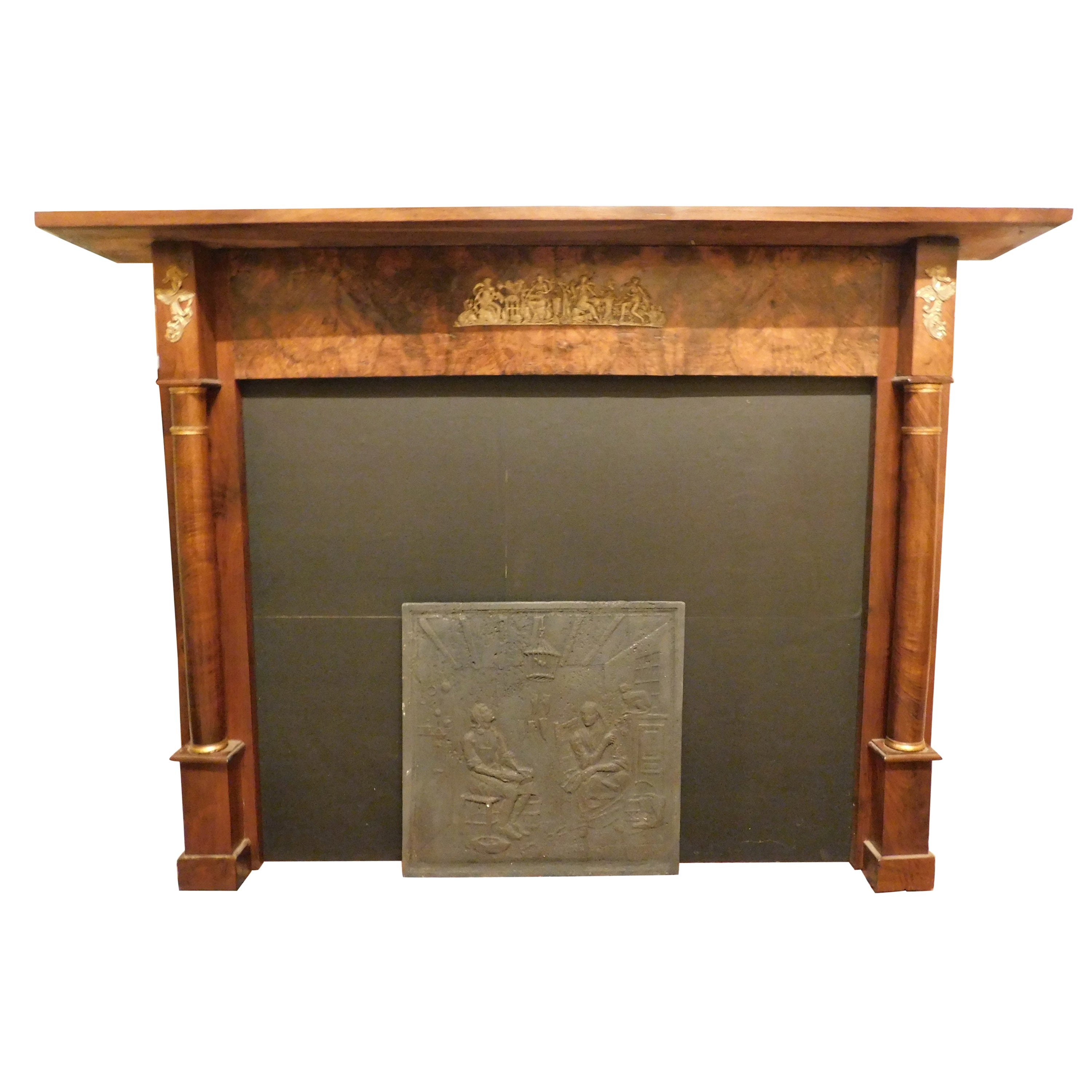 Fireplace mantle in walnut briar wood, with golden brass finishes, Italy For Sale