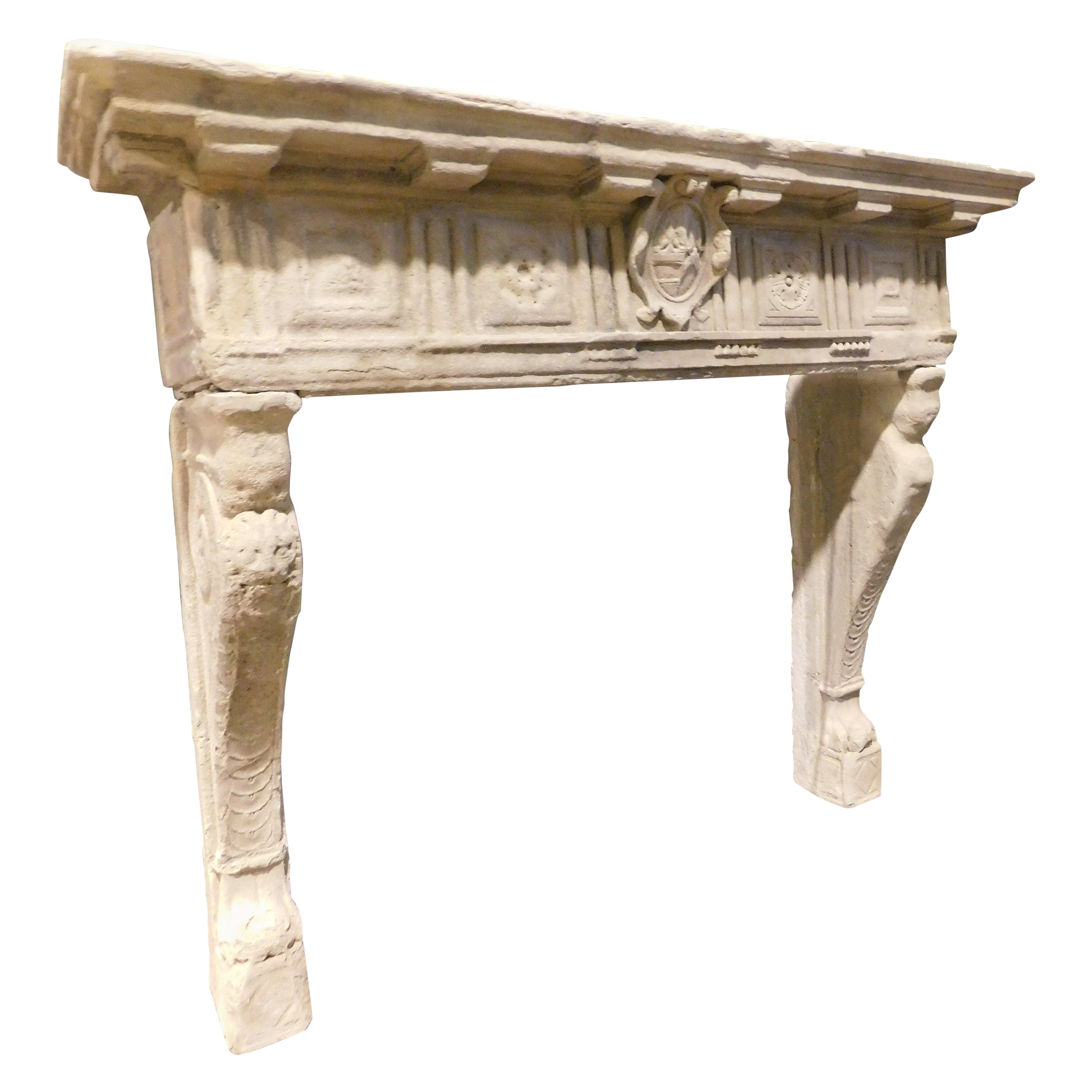 Antique monumental fireplace mantle carved in Serena stone, Tuscany (Italy) For Sale