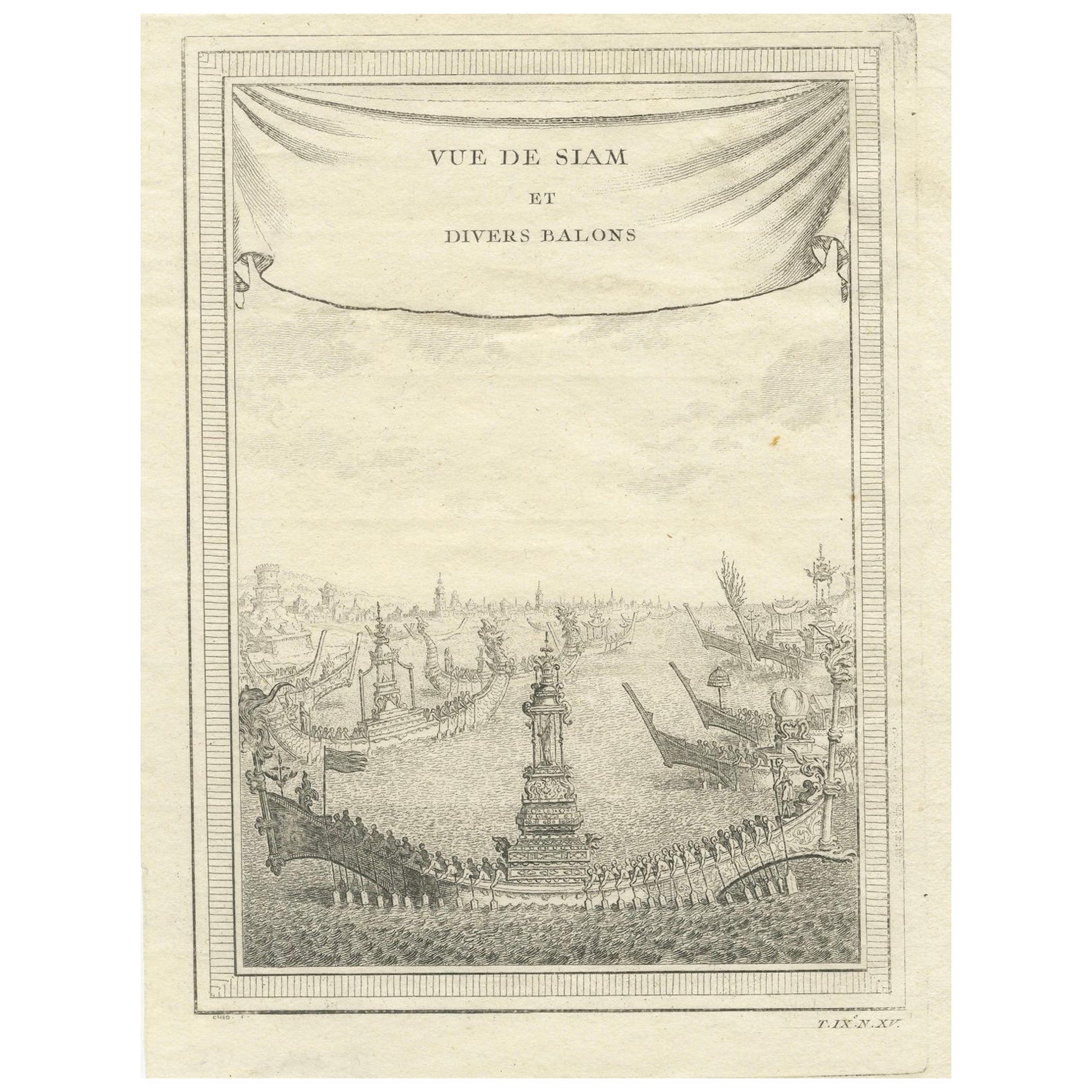 Impression ancienne en cuivre d' Ayutthaya, Vue de Siam et divers bateaux, 1751 en vente