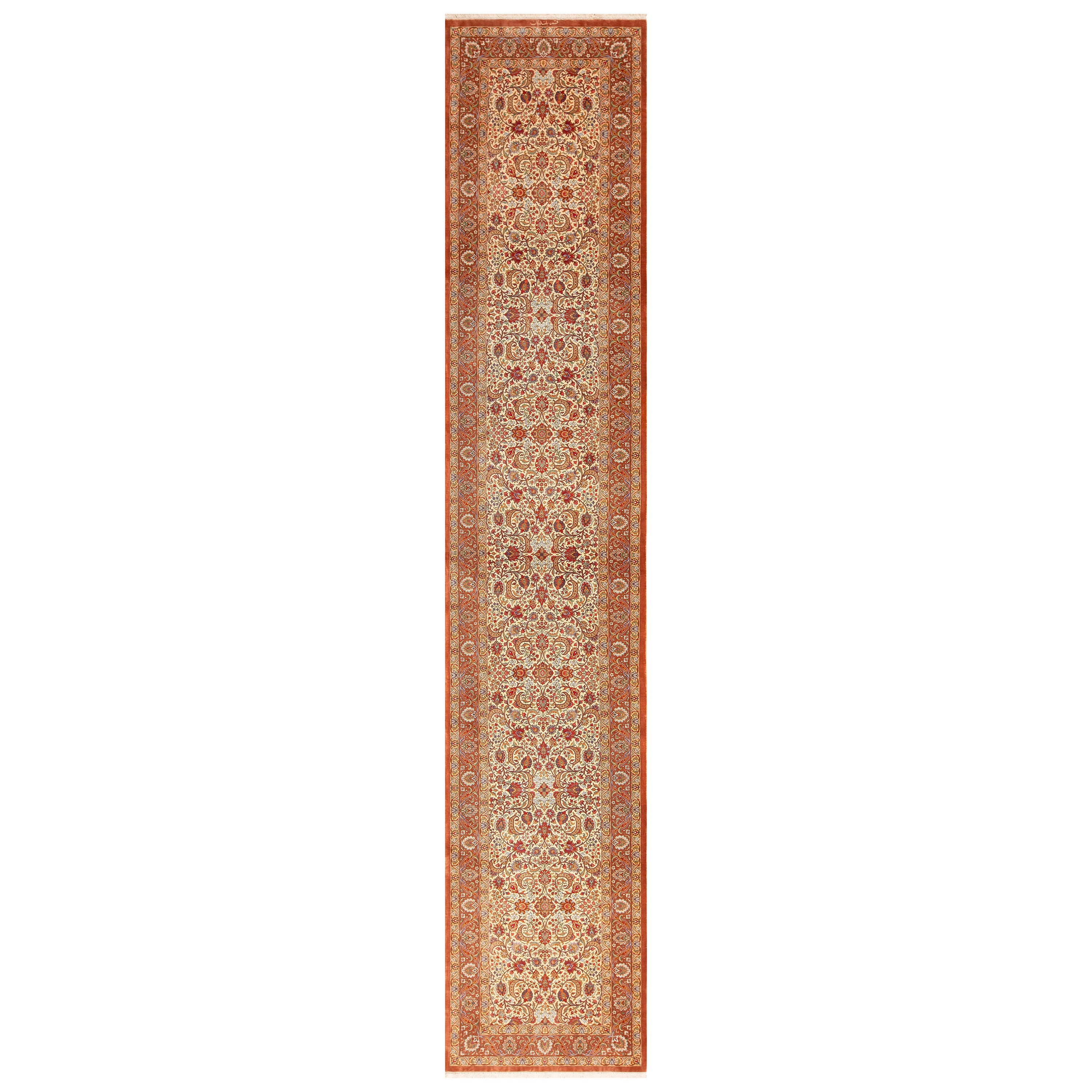Fine Floral Design Vintage Persian Qum Silk Hallway Runner Rug 2'7" x 13'3" For Sale