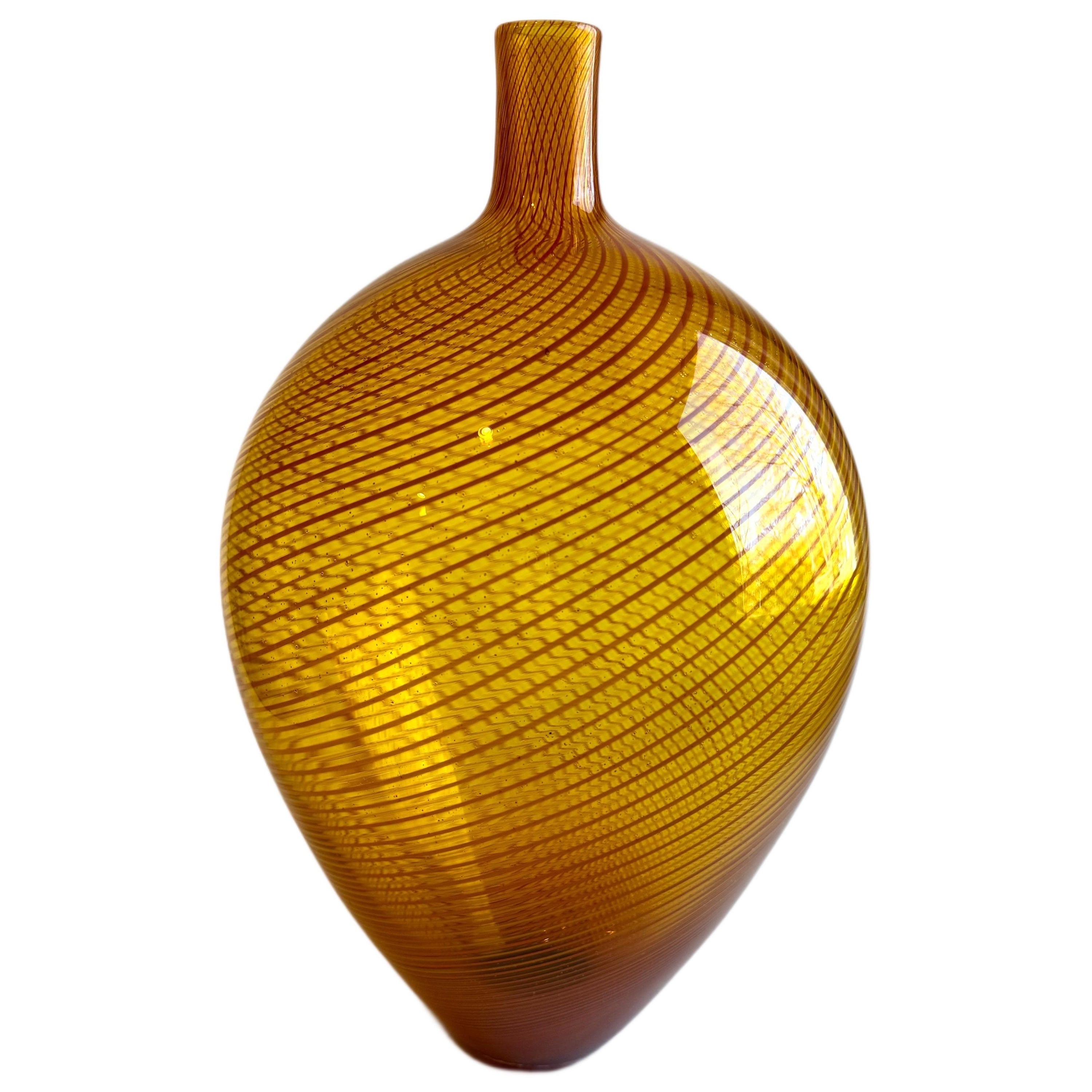 Large Orange Nine Iron Studios MCM Art Glass Vase Swirl For Sale