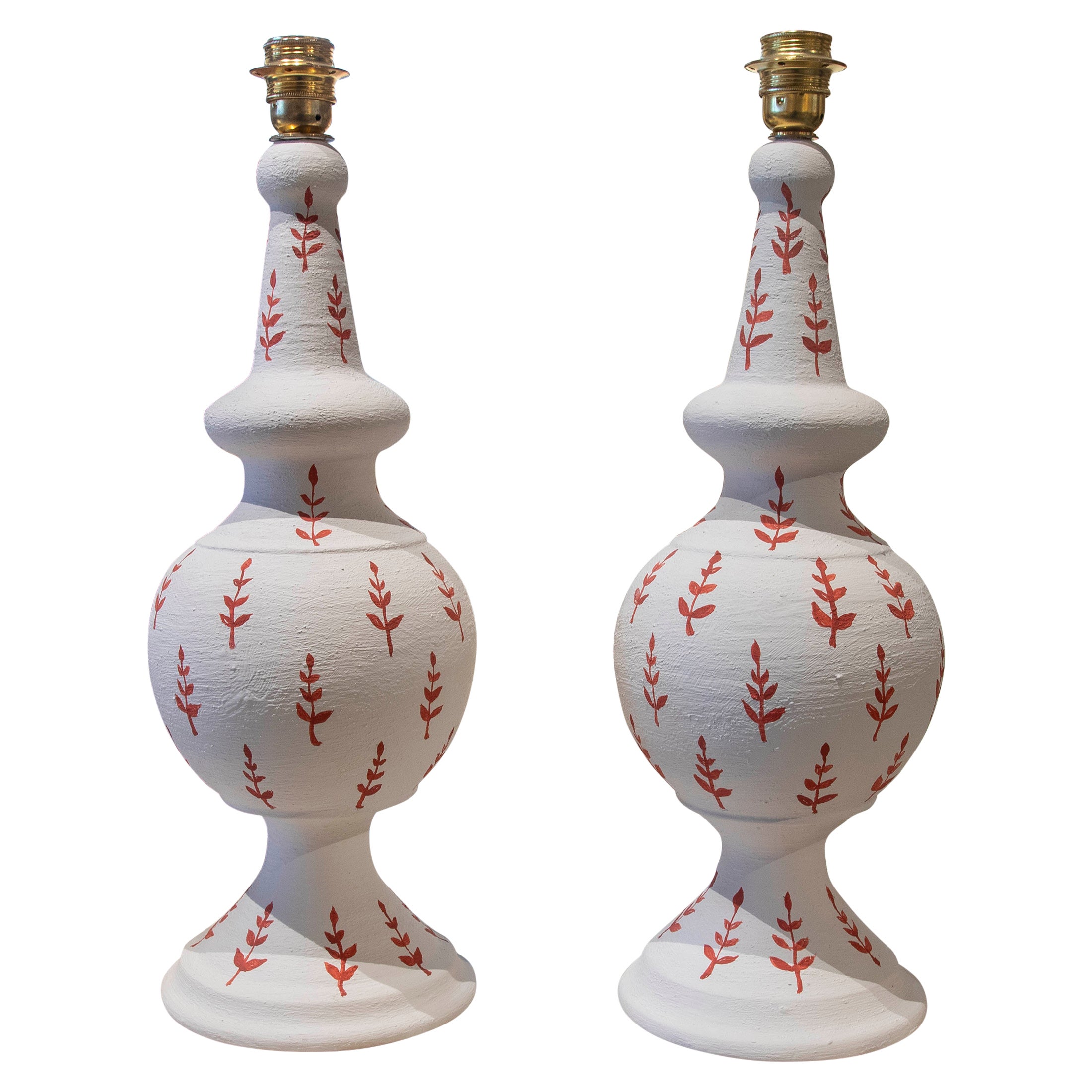 Pair of Hand-Painted Ceramic Lamps with Red Flower Decoration