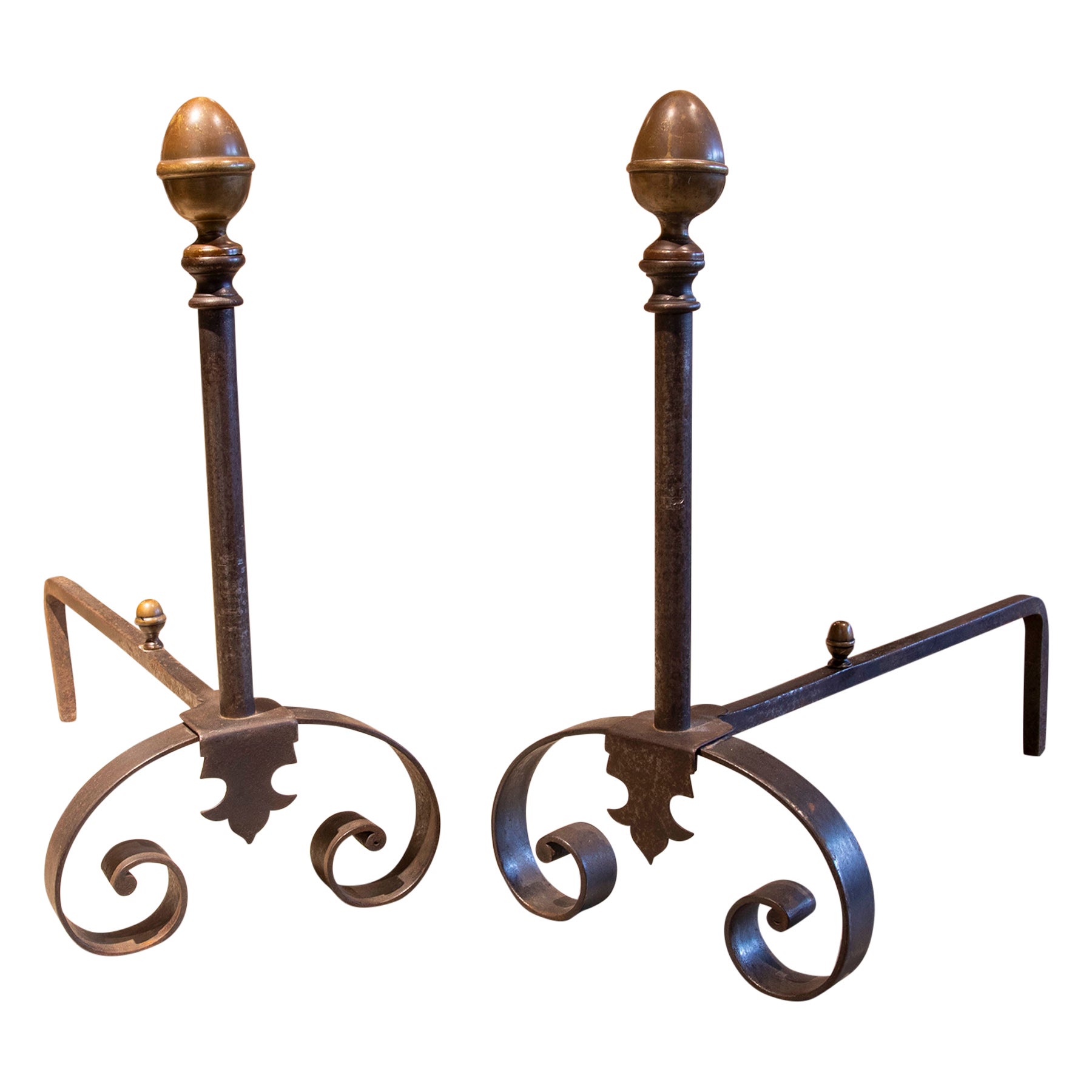 Pair of Iron and Bronze Morels for Fireplace