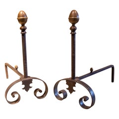 Pair of Iron and Bronze Morels for Fireplace