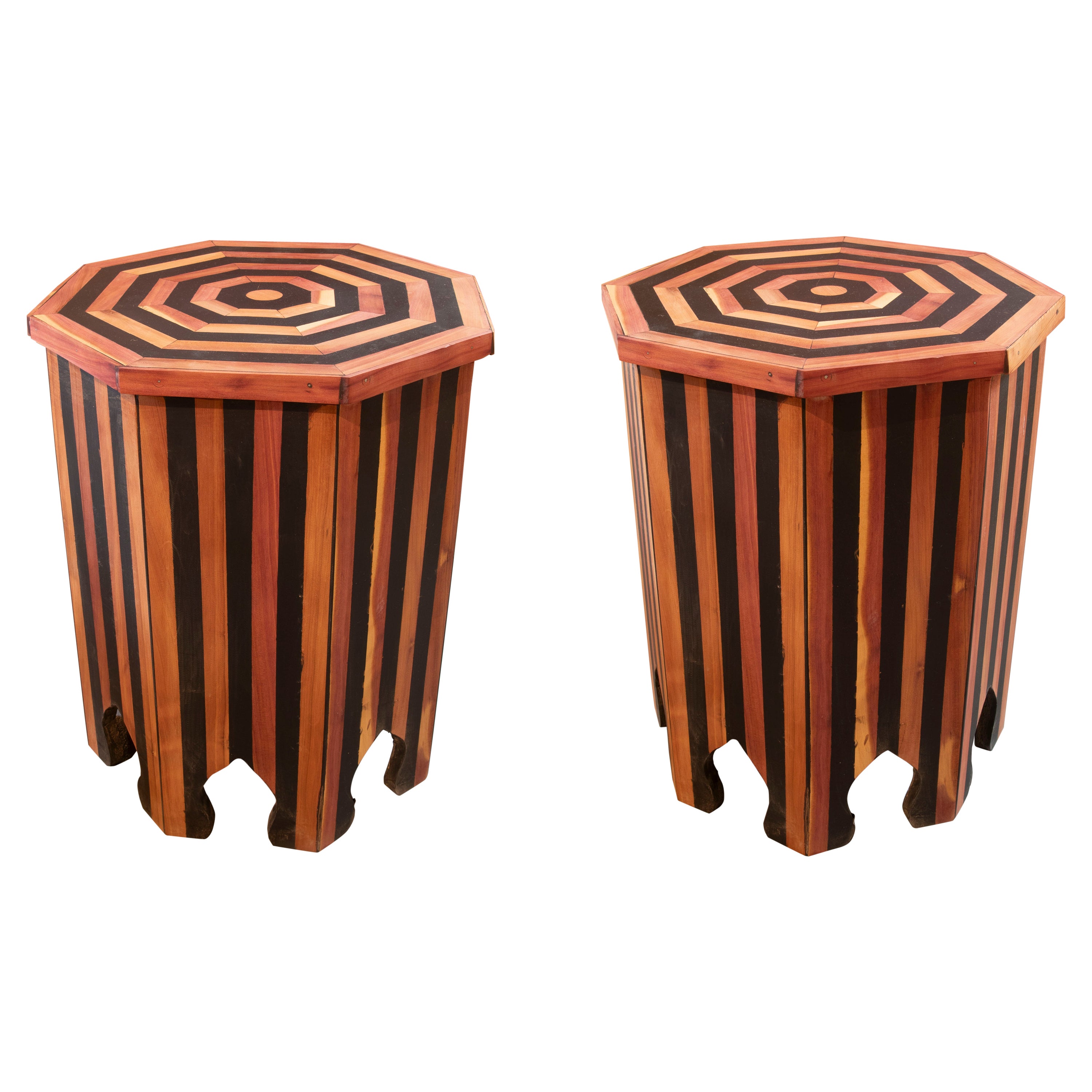 Pair of Octagonal Wooden Side Tables with Striped Decorations For Sale