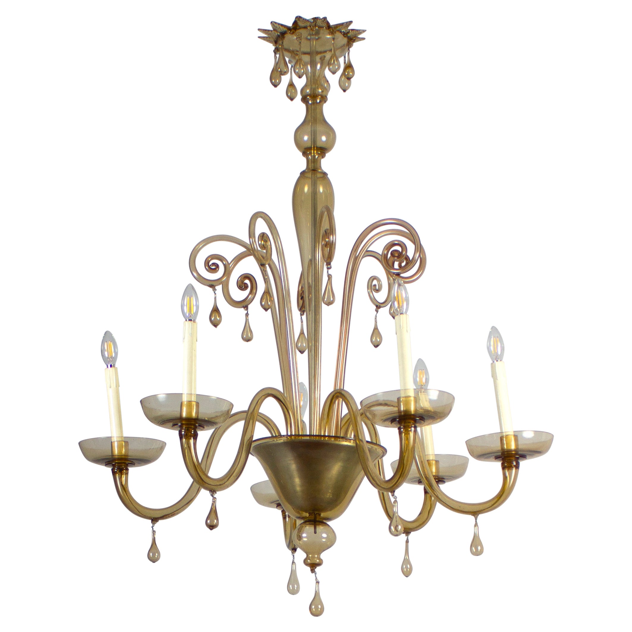 Amazing Amber Hand Blown Glass Chandelier by Venini circa 1950' For Sale