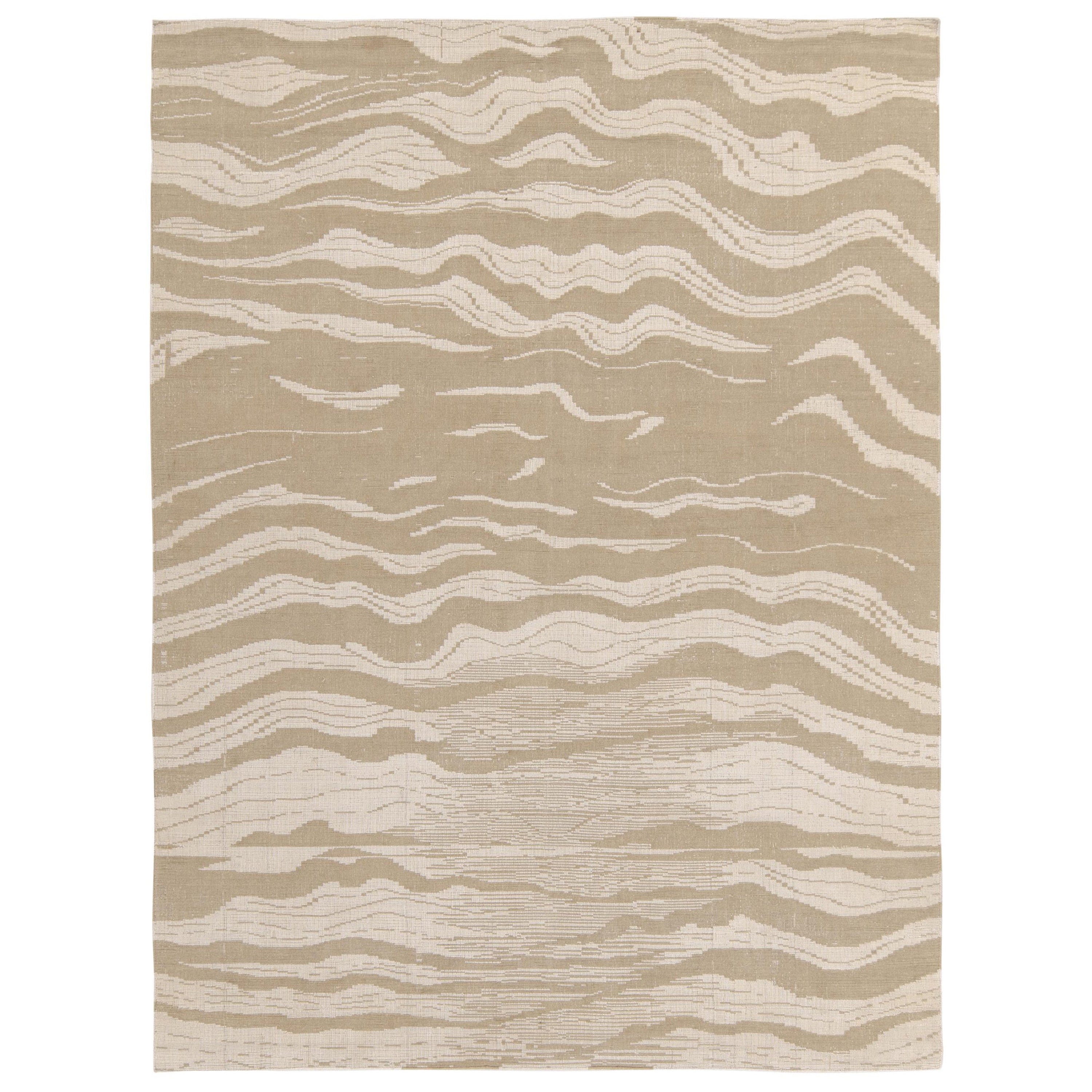 Rug & Kilim's Hand-Knotted Abstract Rug in Beige-Brown Wavy Stripes For Sale