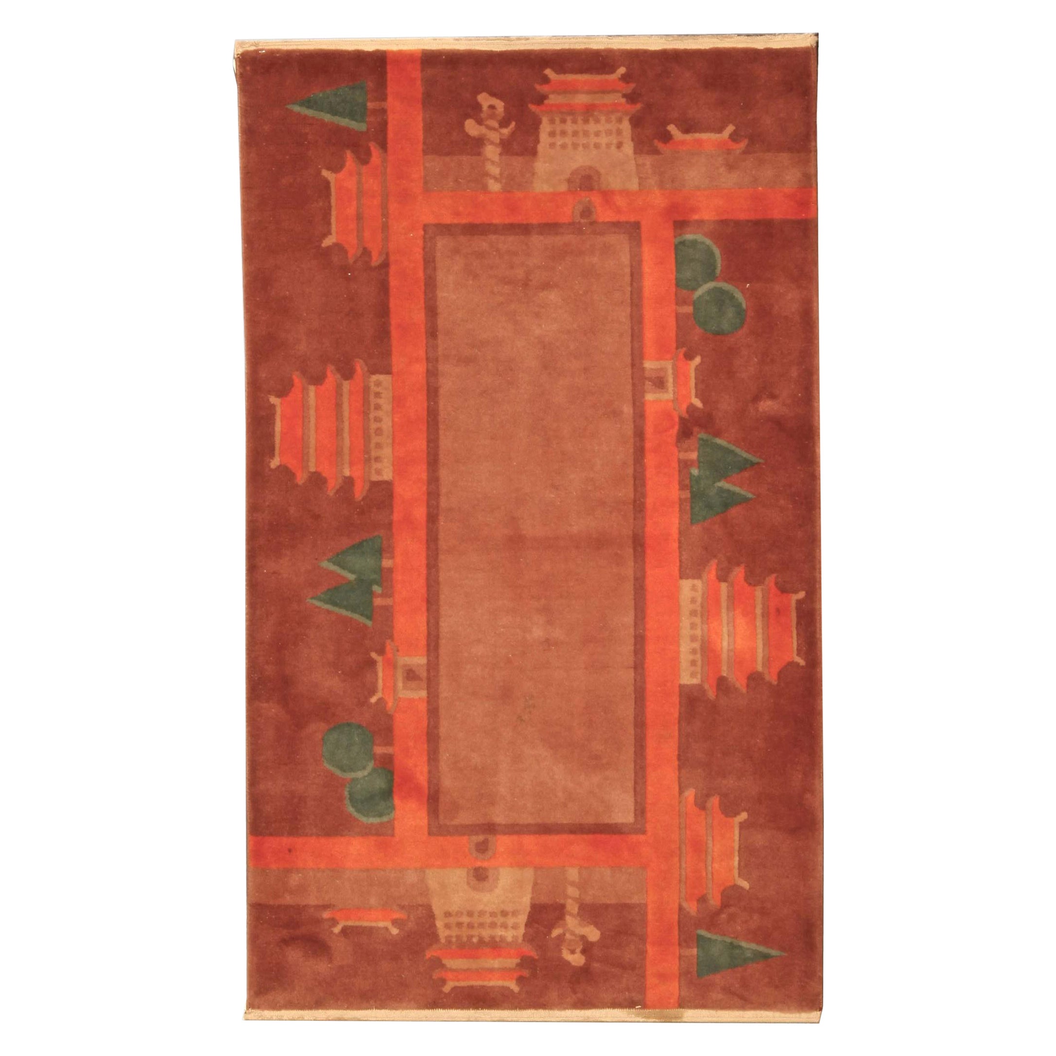 Vintage Chinese Art Deco Red and Green Rug