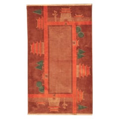 Chinesischer roter und grüner Vintage-Art-Deco-Teppich