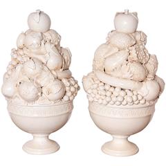 Vintage Pair of Tall Italian Creamware Pedestal Bowls of Fruit