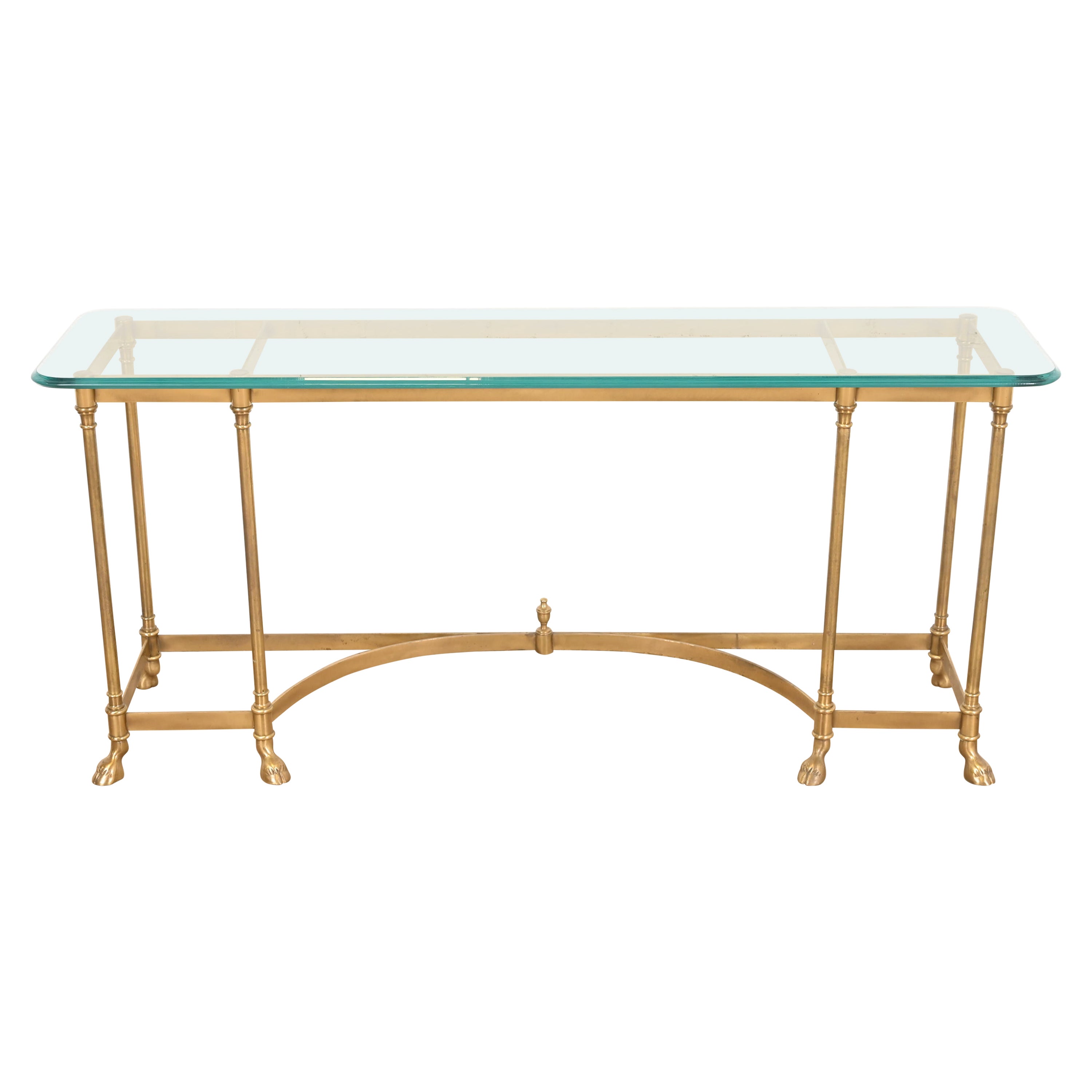 Labarge Hollywood Regency Brass and Glass Hooved Feet Console Table, Circa 1960s