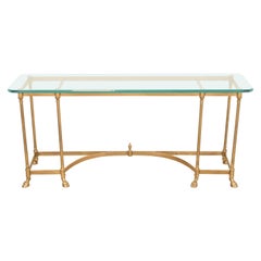 Vintage Labarge Hollywood Regency Brass and Glass Hooved Feet Console Table, Circa 1960s