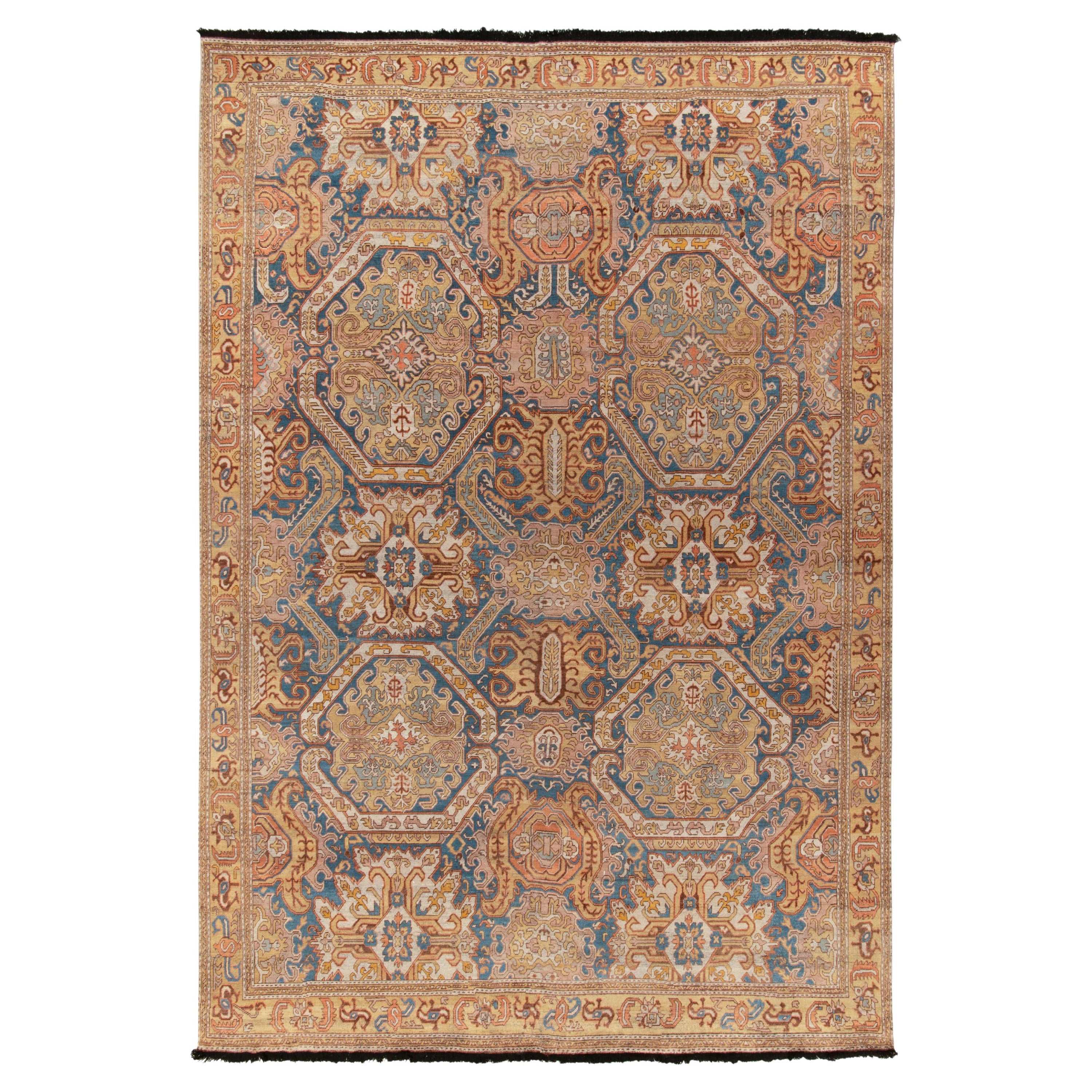 Tribal Style Rug in Blue & Gold Geometric Floral Pattern by Rug & Kilim For Sale