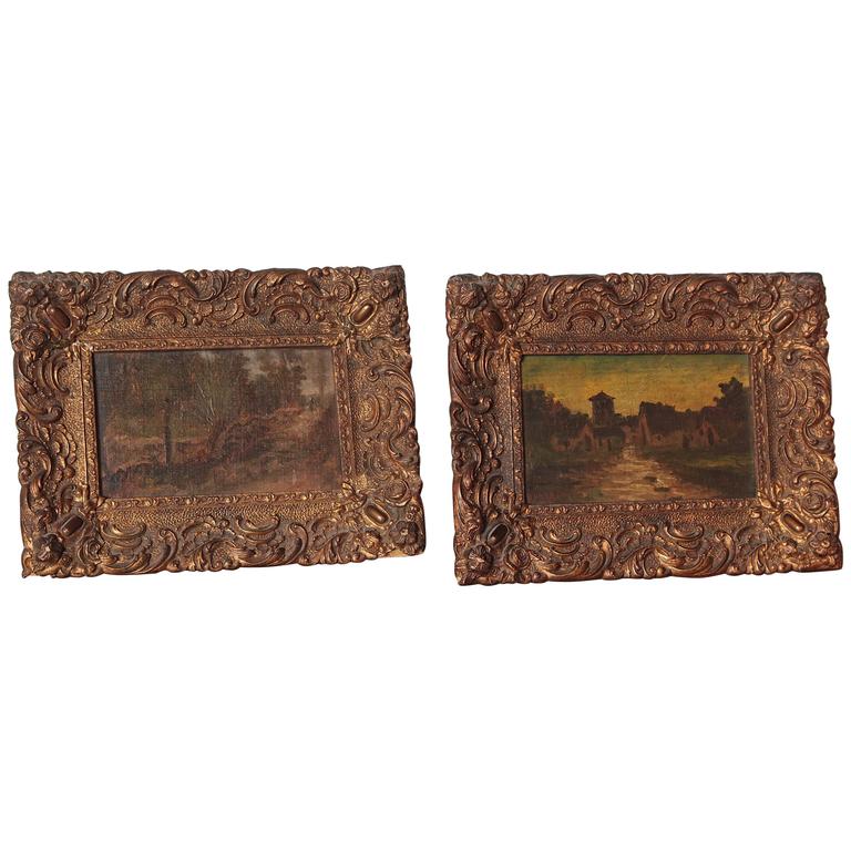 Pair of Small Framed Antique Oil Paintings from France at 1stDibs