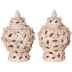Pair of Italian Creamware Lidded Vases, circa 1950s