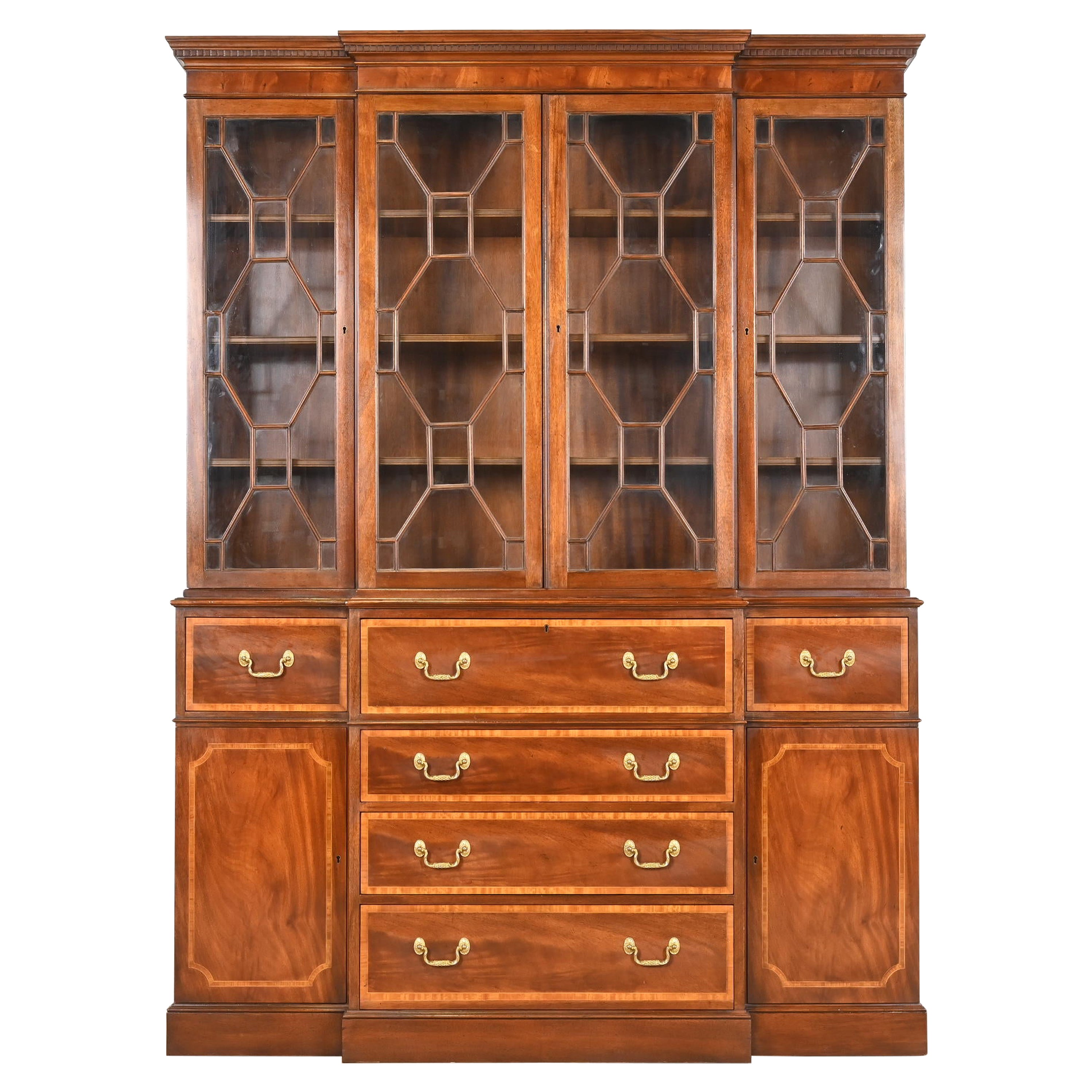 Baker Furniture Georgian Mahogany Breakfront Bookcase With Secretary Desk For Sale