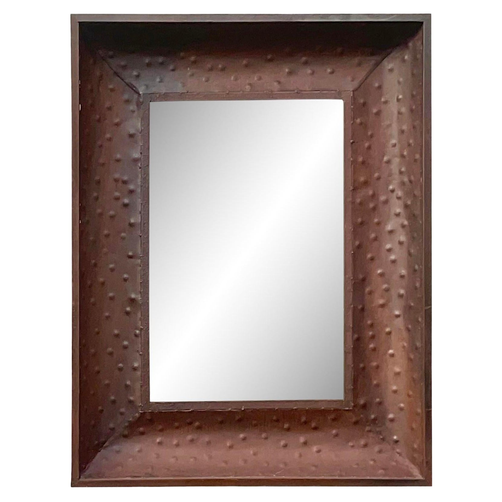 Vintage Boho Patinated Dimpled Metal Mirror For Sale